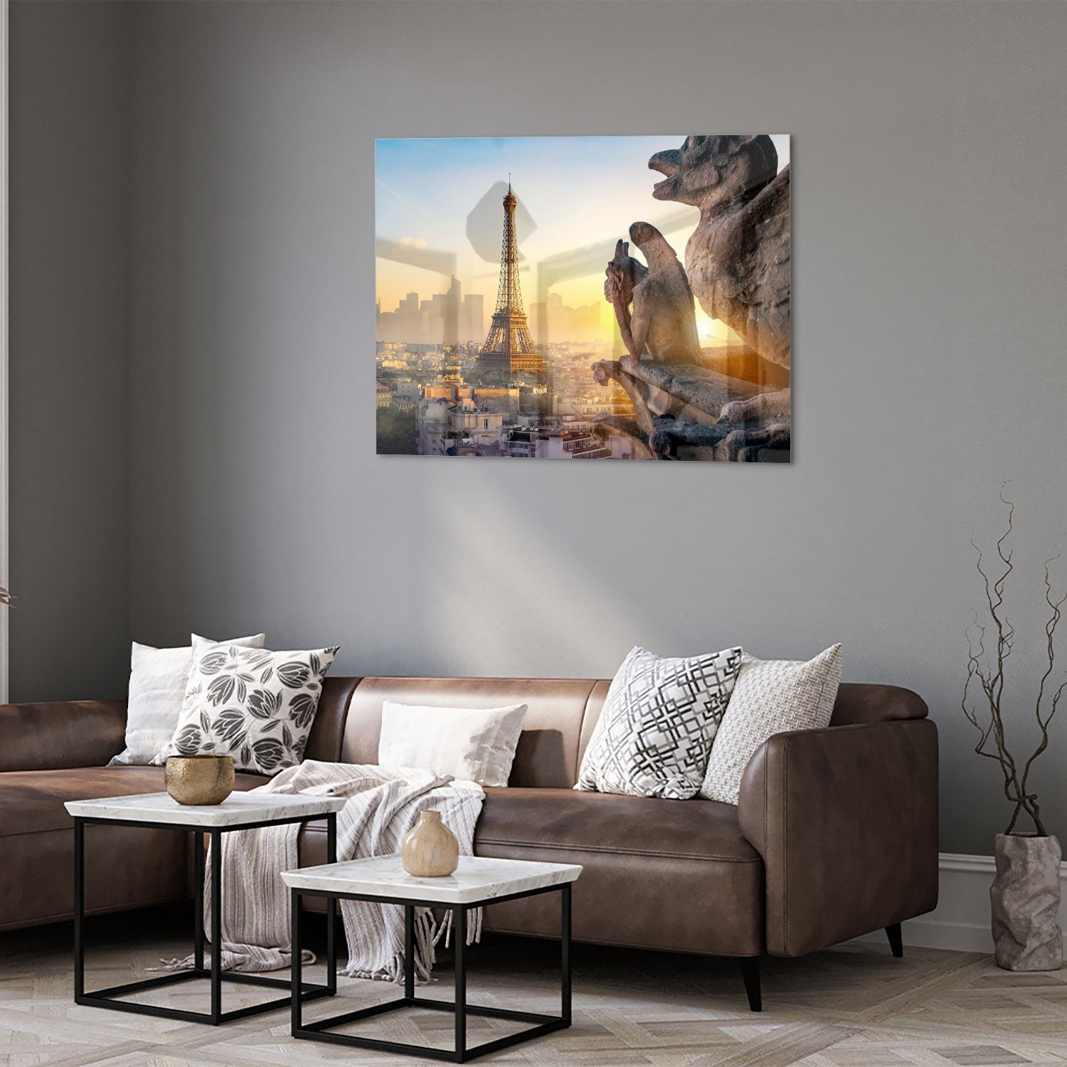 Glasbild mit dem Eiffelturm bei Sonnenuntergang