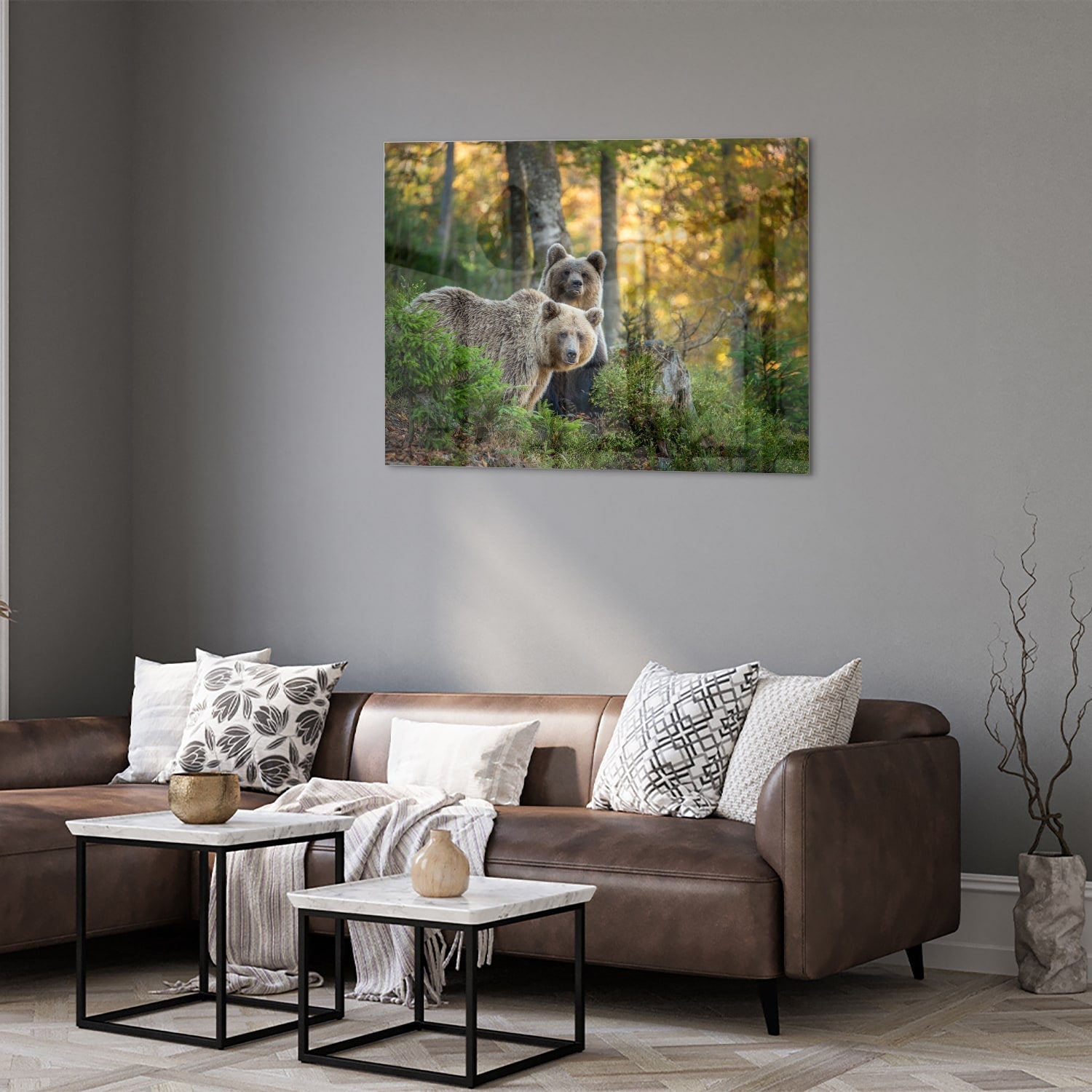 Glasbild mit zwei niedlichen Bären im Wald