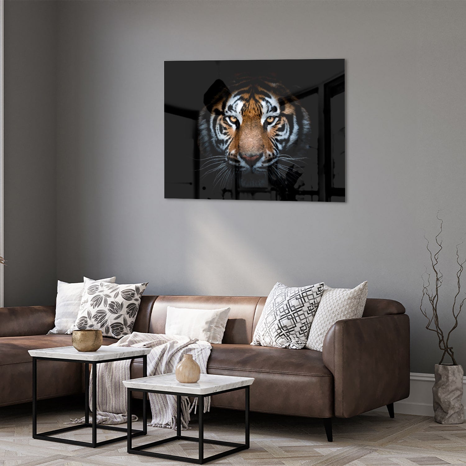 Beeindruckendes Glasbild mit einem Tigergesicht