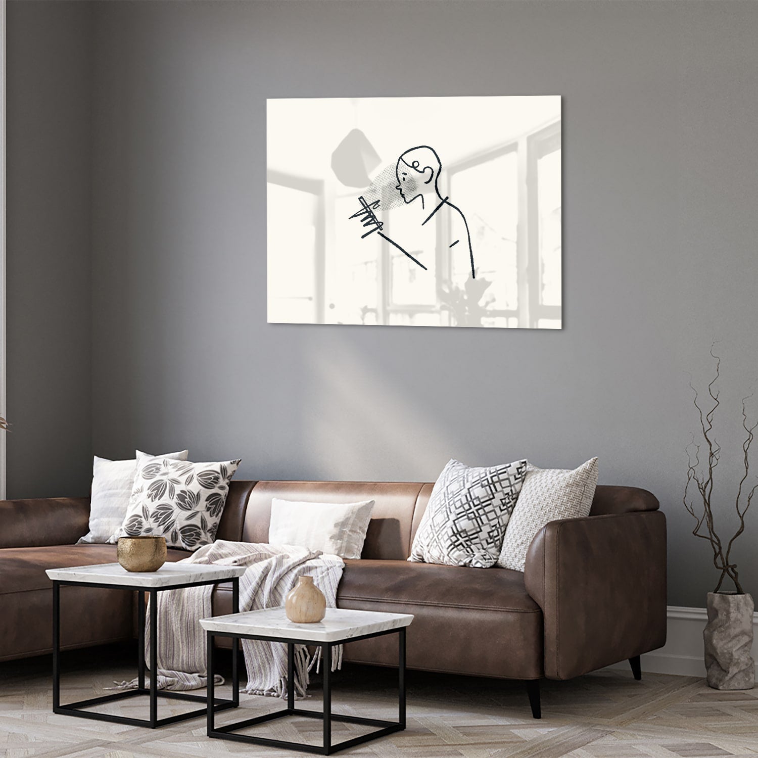 Minimalistisches Glasbild mit Linienzeichnungen