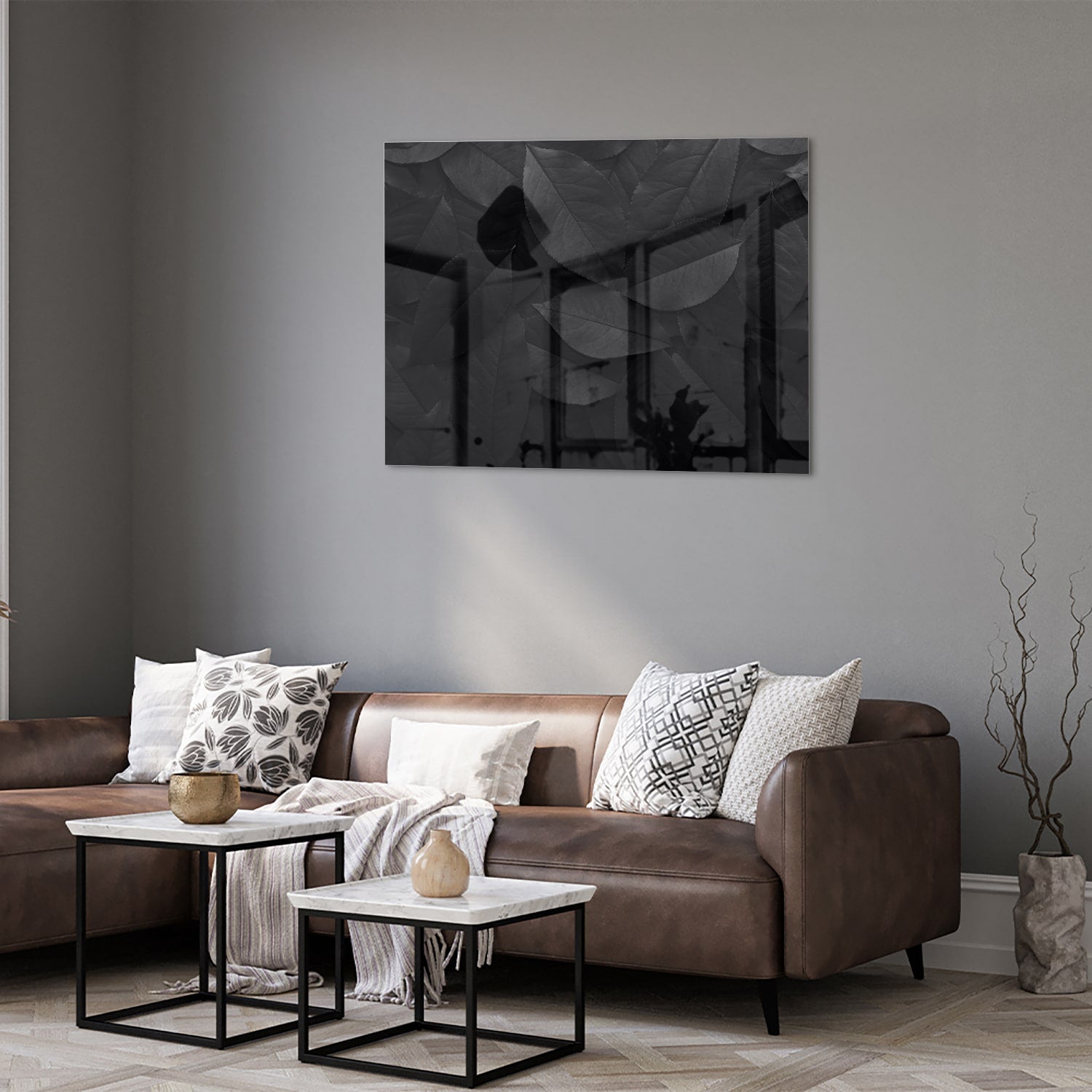 Elegantes Glasbild mit Blättern in Schwarz und Grau