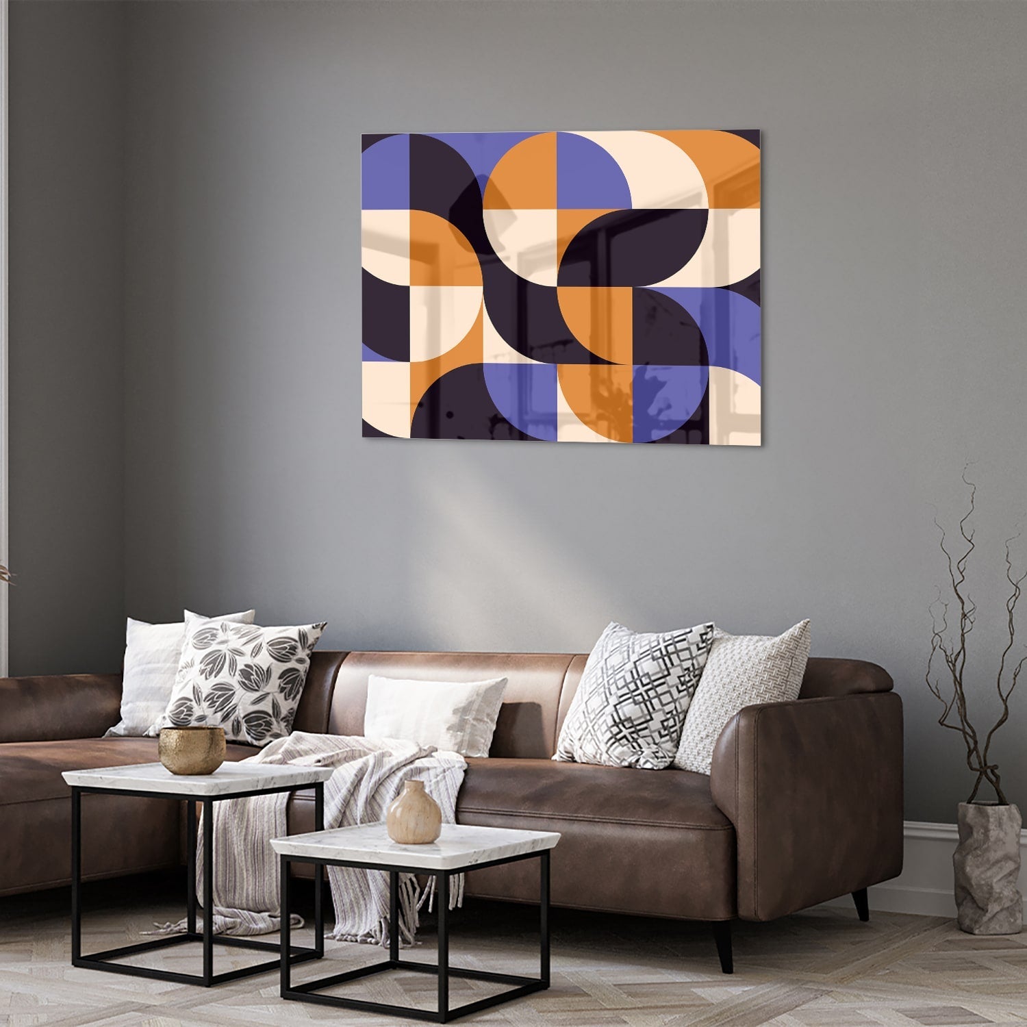 Abstraktes Glasbild in blauen und Orangetönen