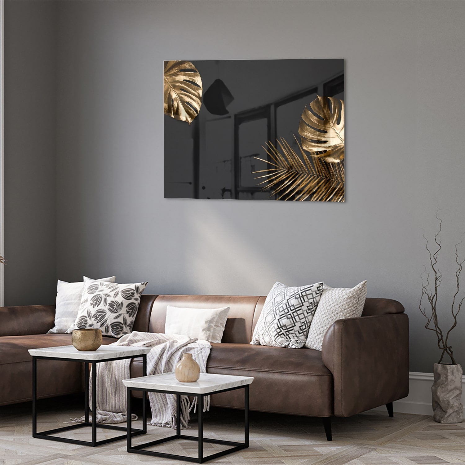 Glänzendes Glasbild mit goldenen Blättern
