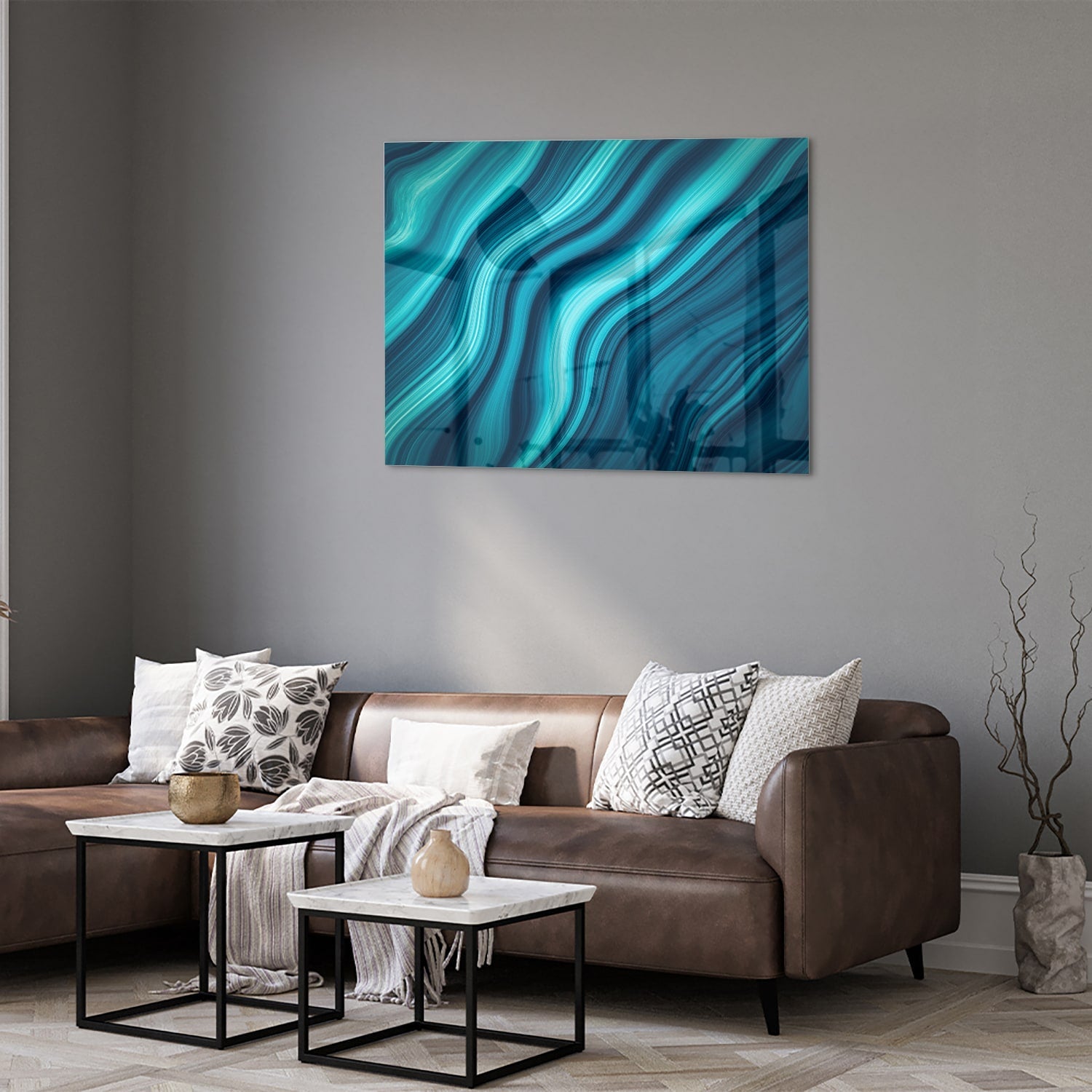 Stilvolles Glasbild mit blauen Wellen