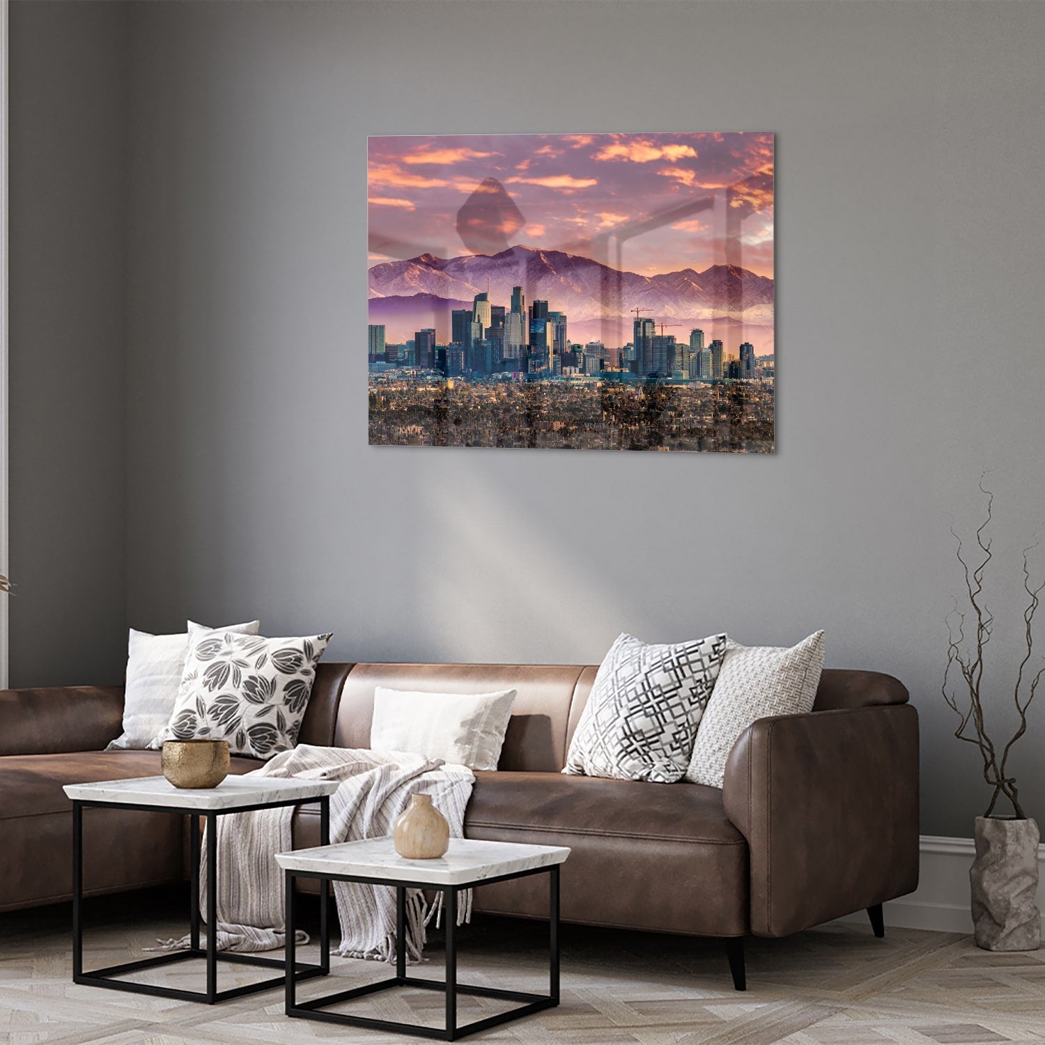 Glasbild Stadtpanorama bei Sonnenuntergang