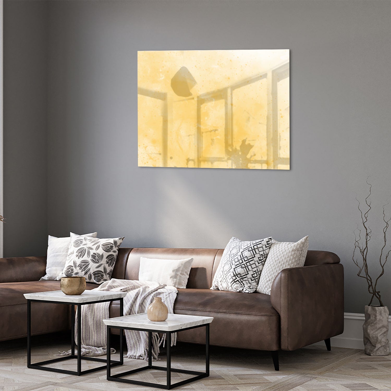 Goldenes abstraktes Glasbild für moderne Innenräume