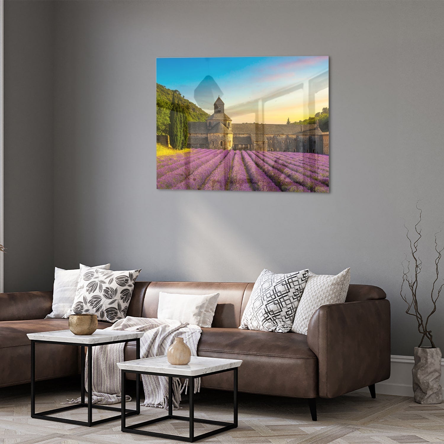 Wunderschönes Glasbild mit Lavendelfeldern