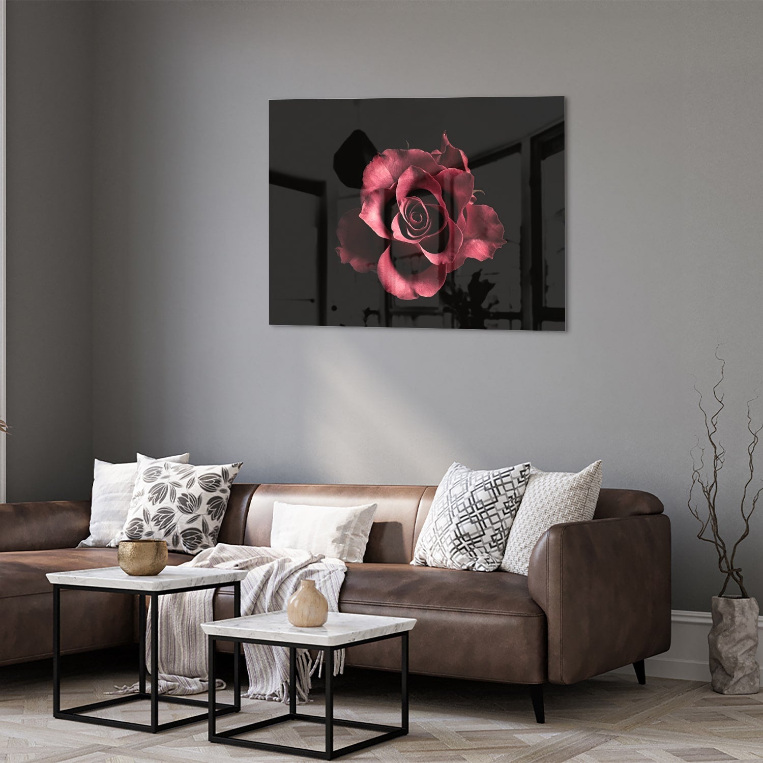 Elegantes Glasbild mit Rosen auf schwarzem Hintergrund