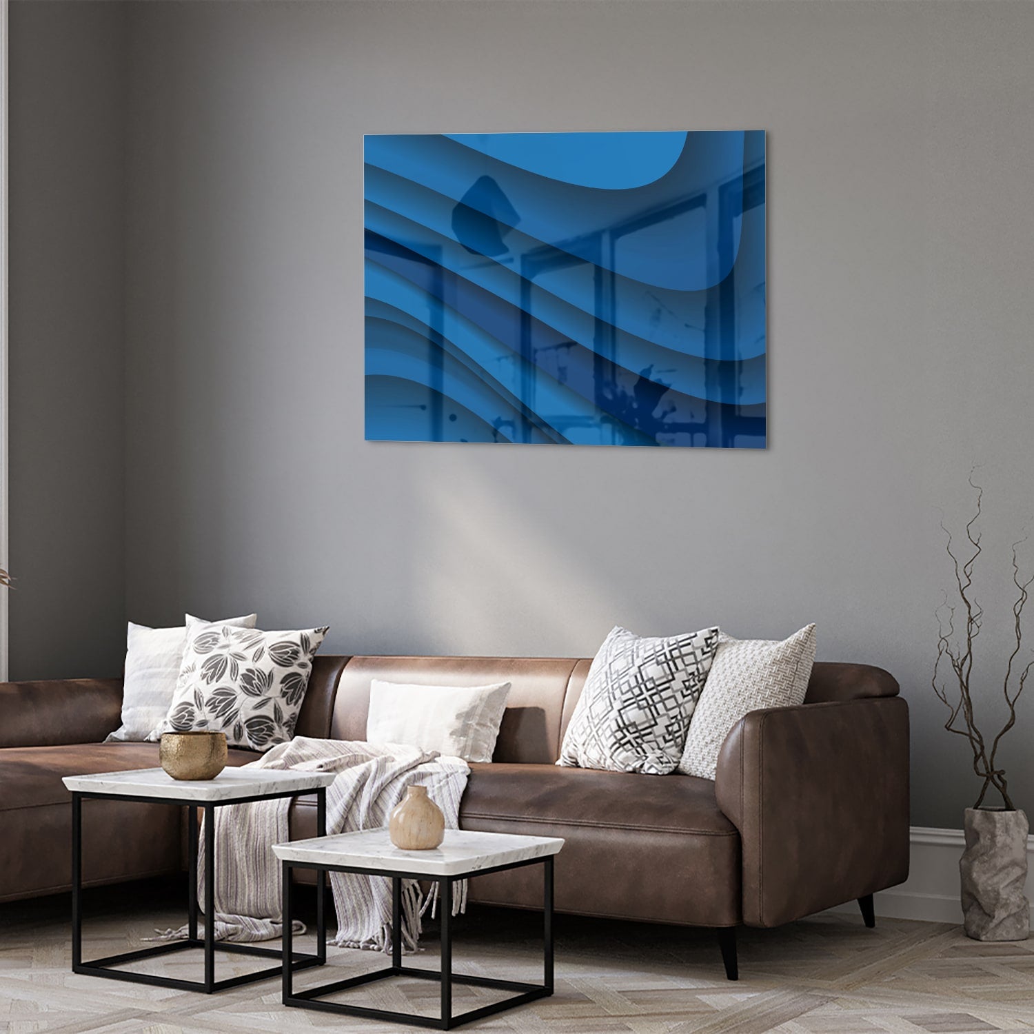 Modernes Glasbild in verschiedenen Blautönen