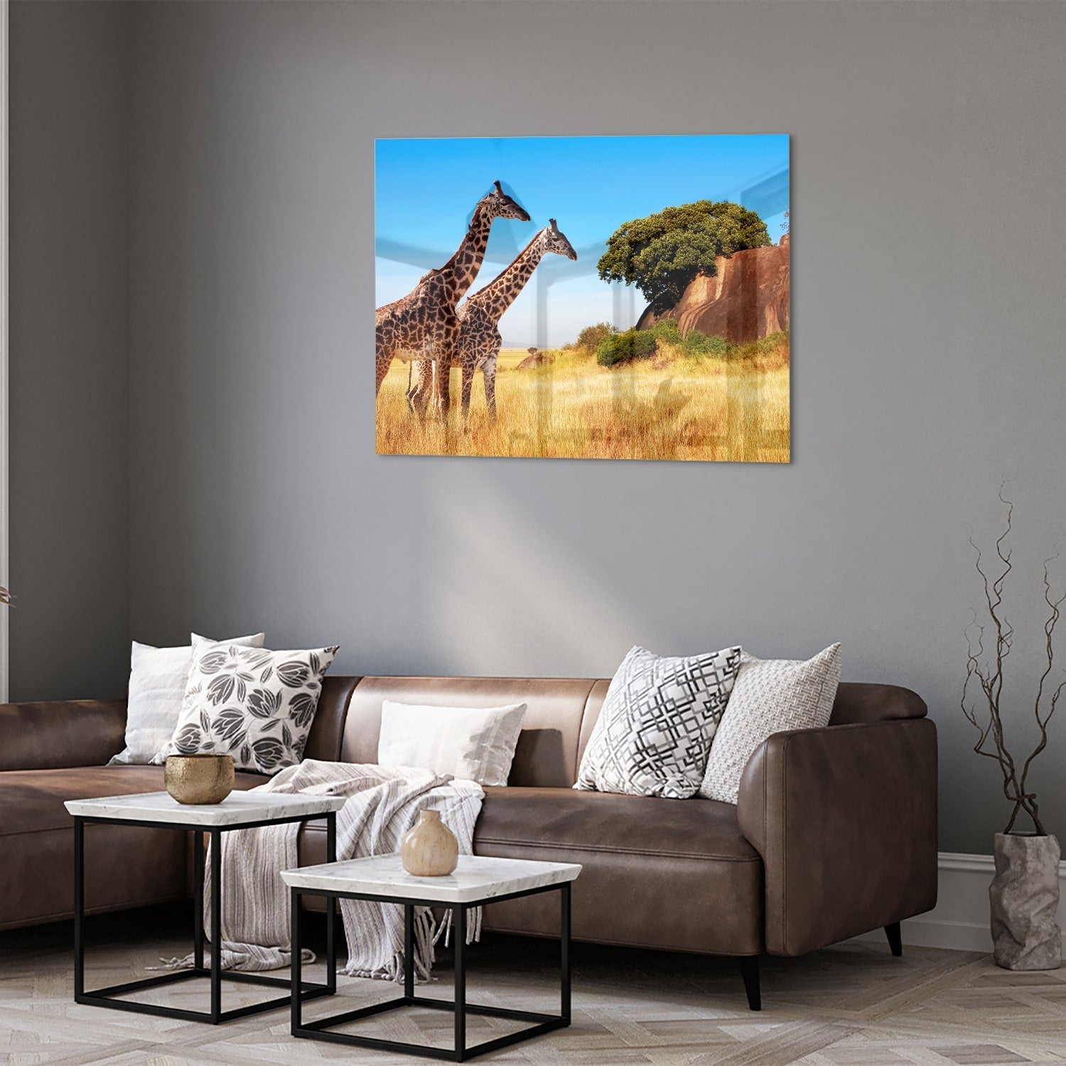 Glasbild mit zwei Giraffen in der afrikanischen Landschaft