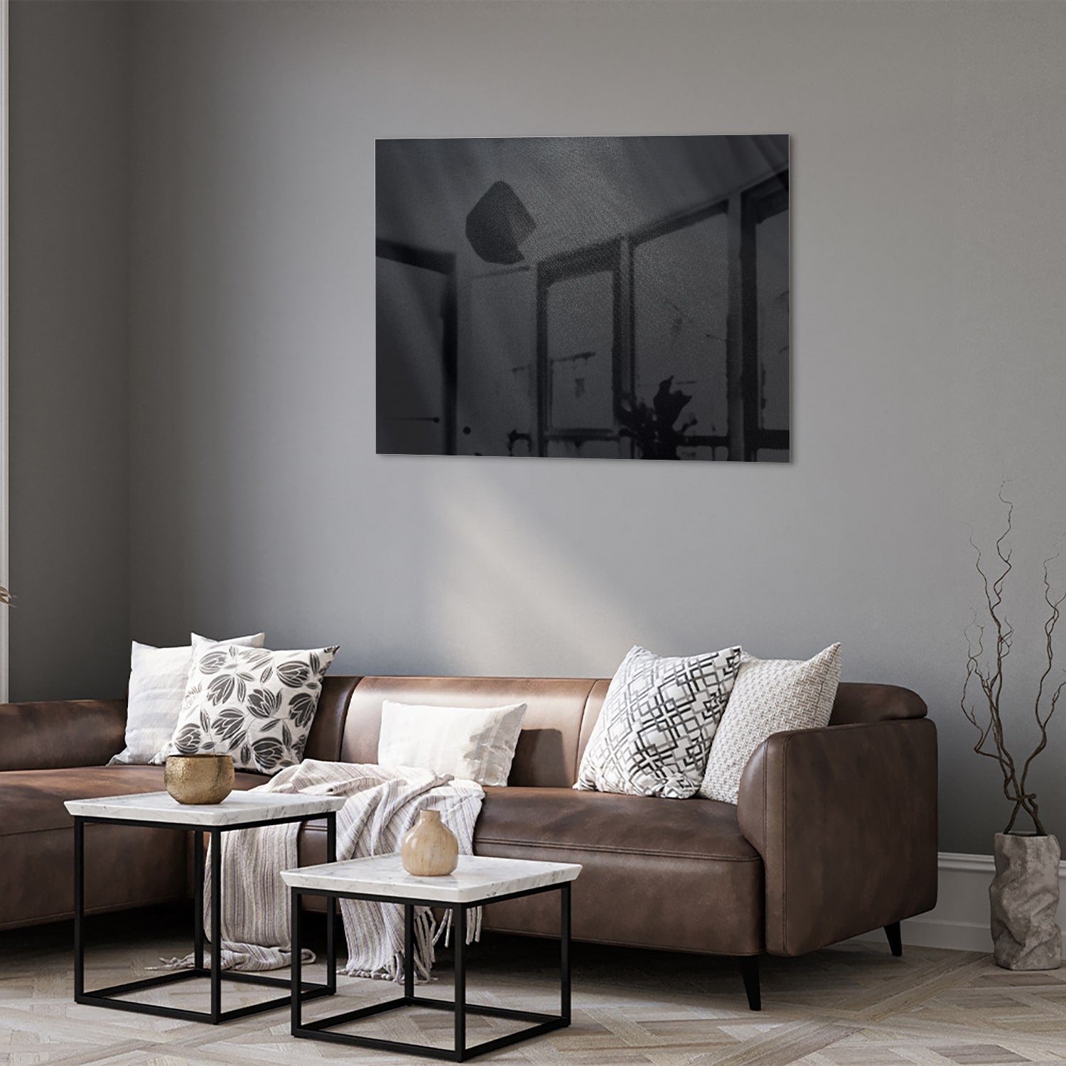 Modernes Glasbild in abstrakten schwarzen Tönen