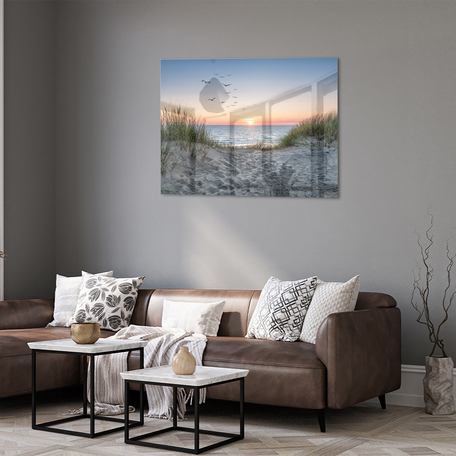 Glasbild mit ruhigem Sonnenuntergang am See