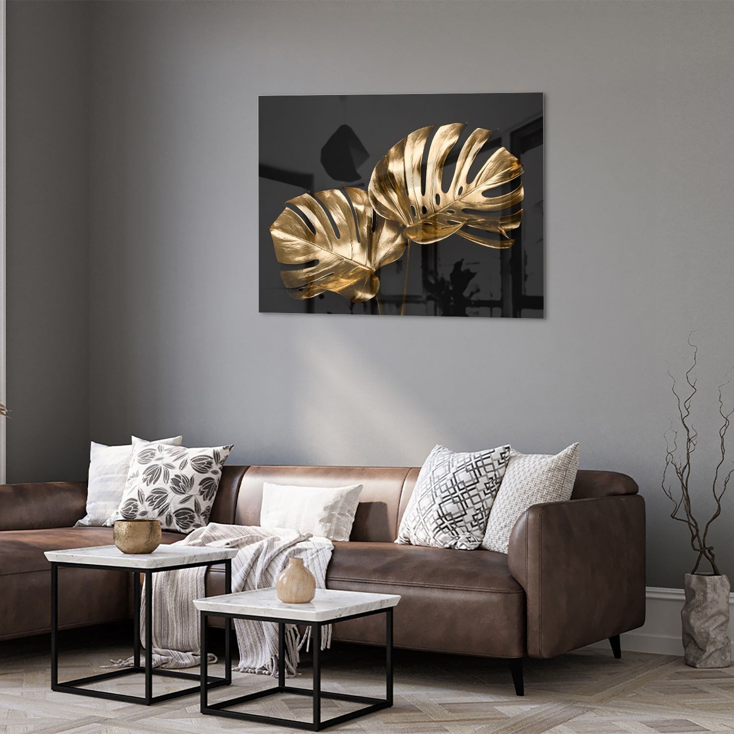 Goldenes Monstera-Glasbild für Wanddekoration