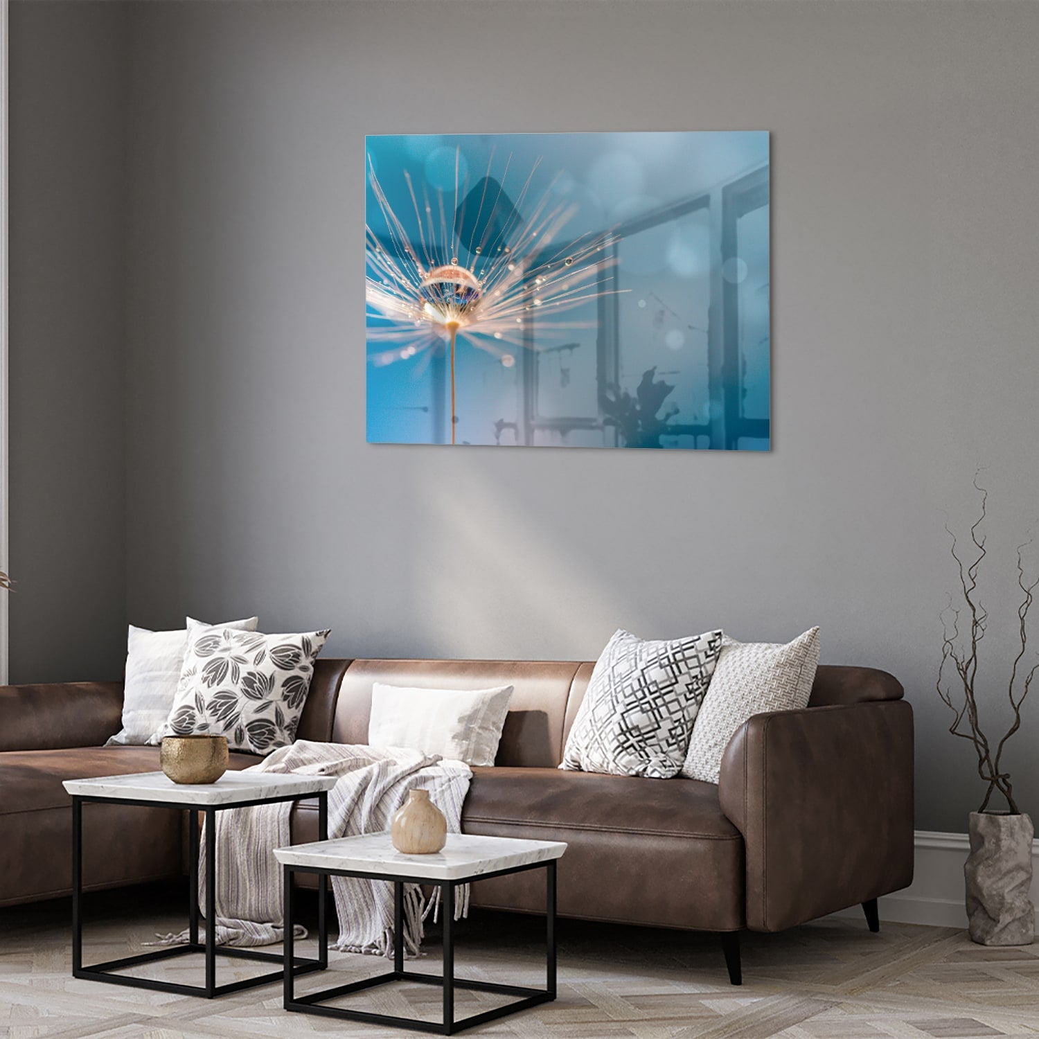 Elegantes Glasbild mit Löwenzahn-Design
