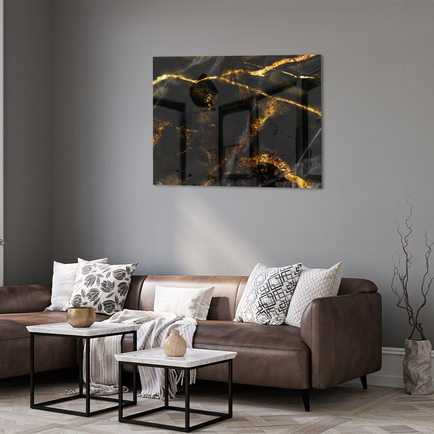 Glasbild mit schwarzem und goldenem Marmordesign