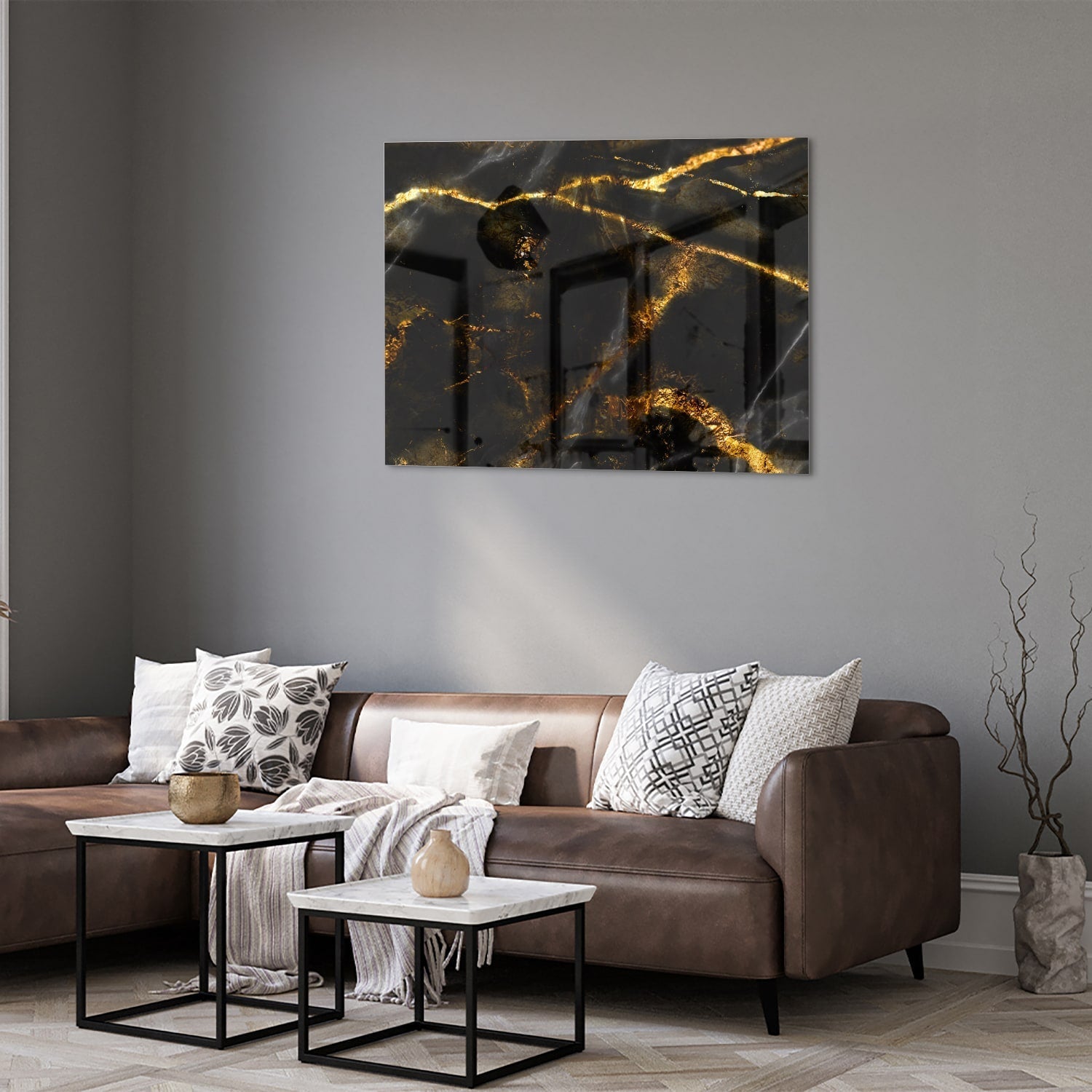 Glasbild mit schwarz und goldenen Marmordesign als moderne Glas-Wanddekoration aus 4 mm Sicherheitsglas