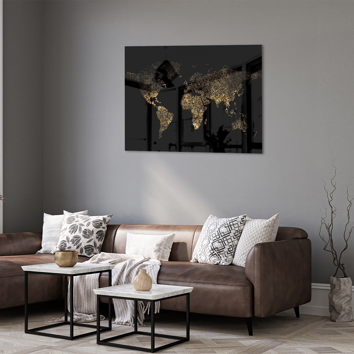 Elegantes Glasbild mit Weltkarte in Schwarz und Gold