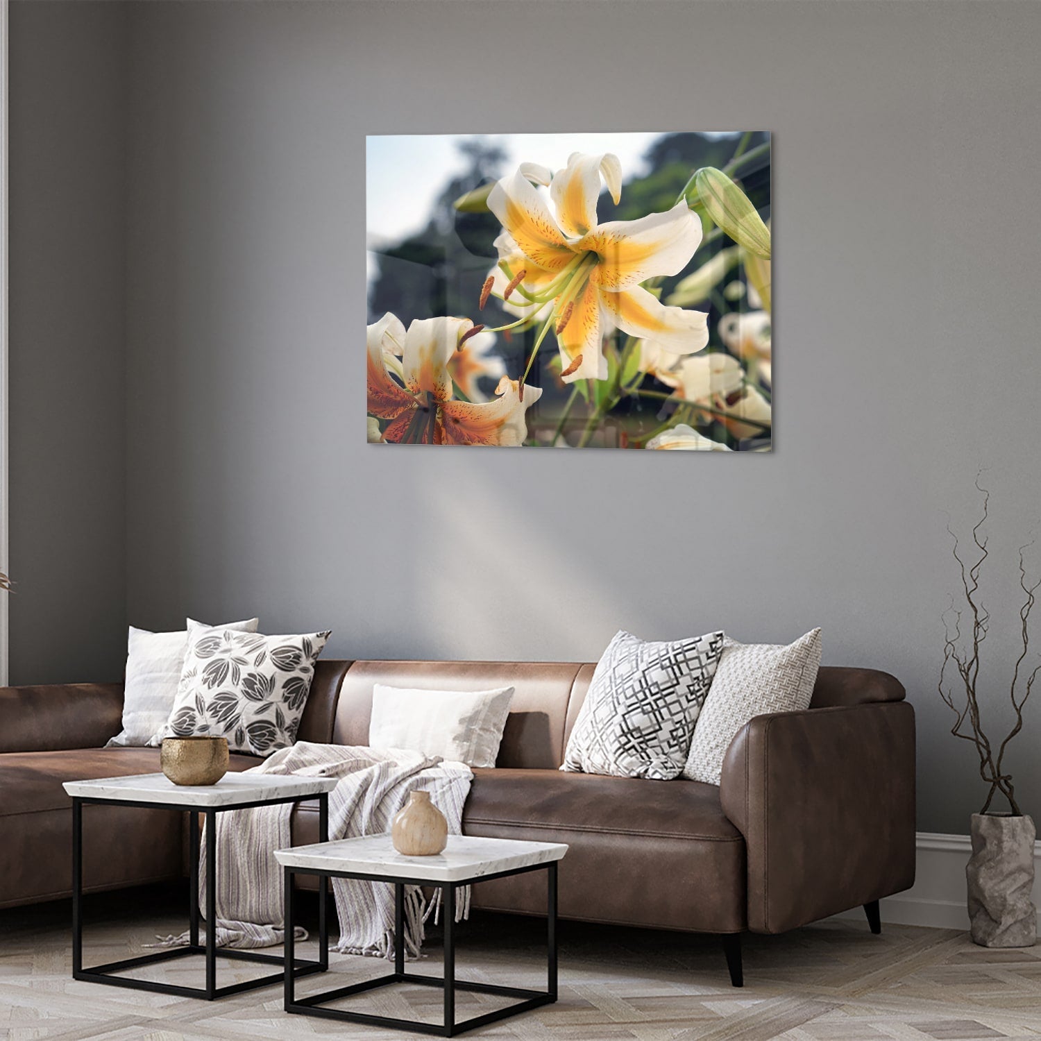 Elegantes Glasbild mit Lilien