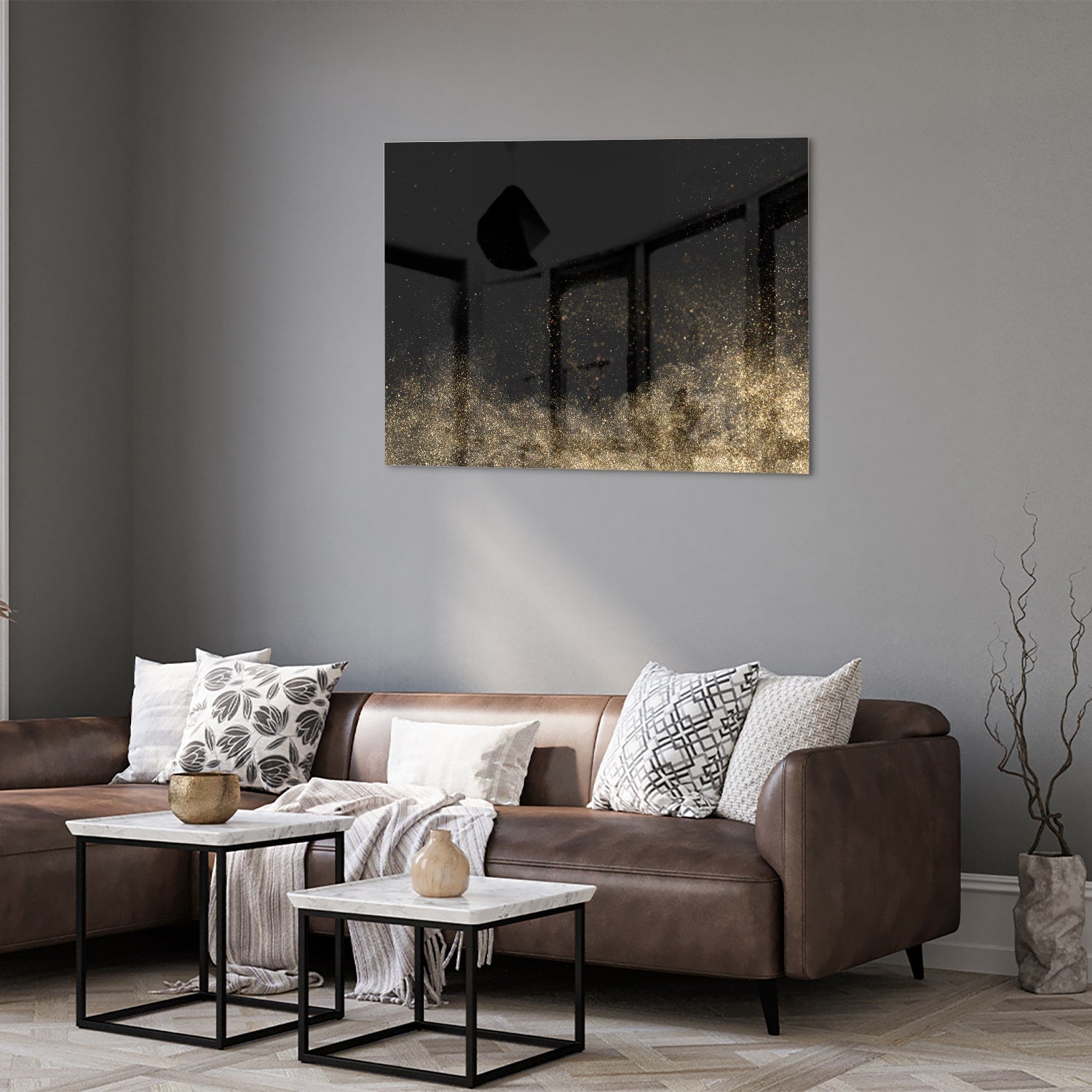 Stilvolles Glasbild mit schwarzen und goldenen Akzenten