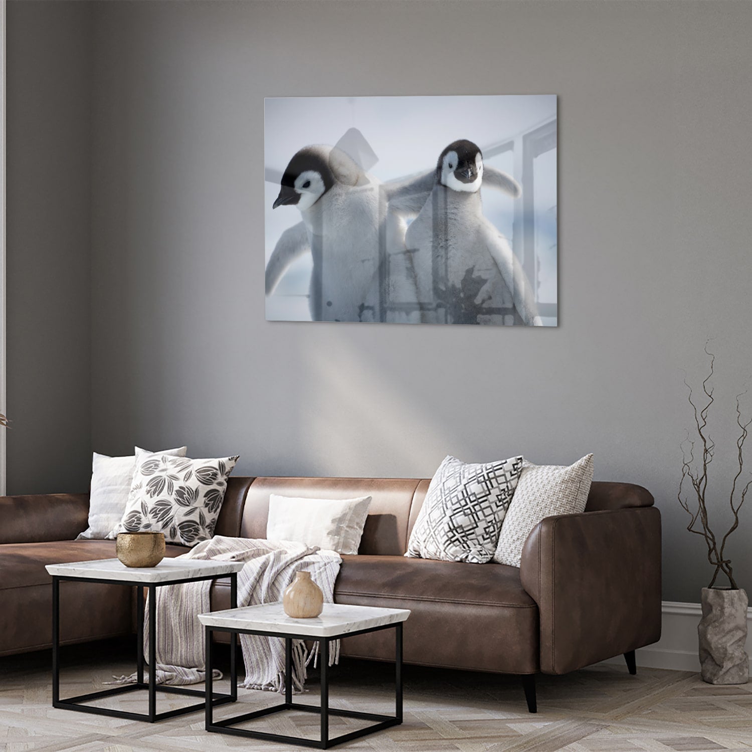 Glasbild mit zwei Pinguinen in winterlicher Atmosphäre