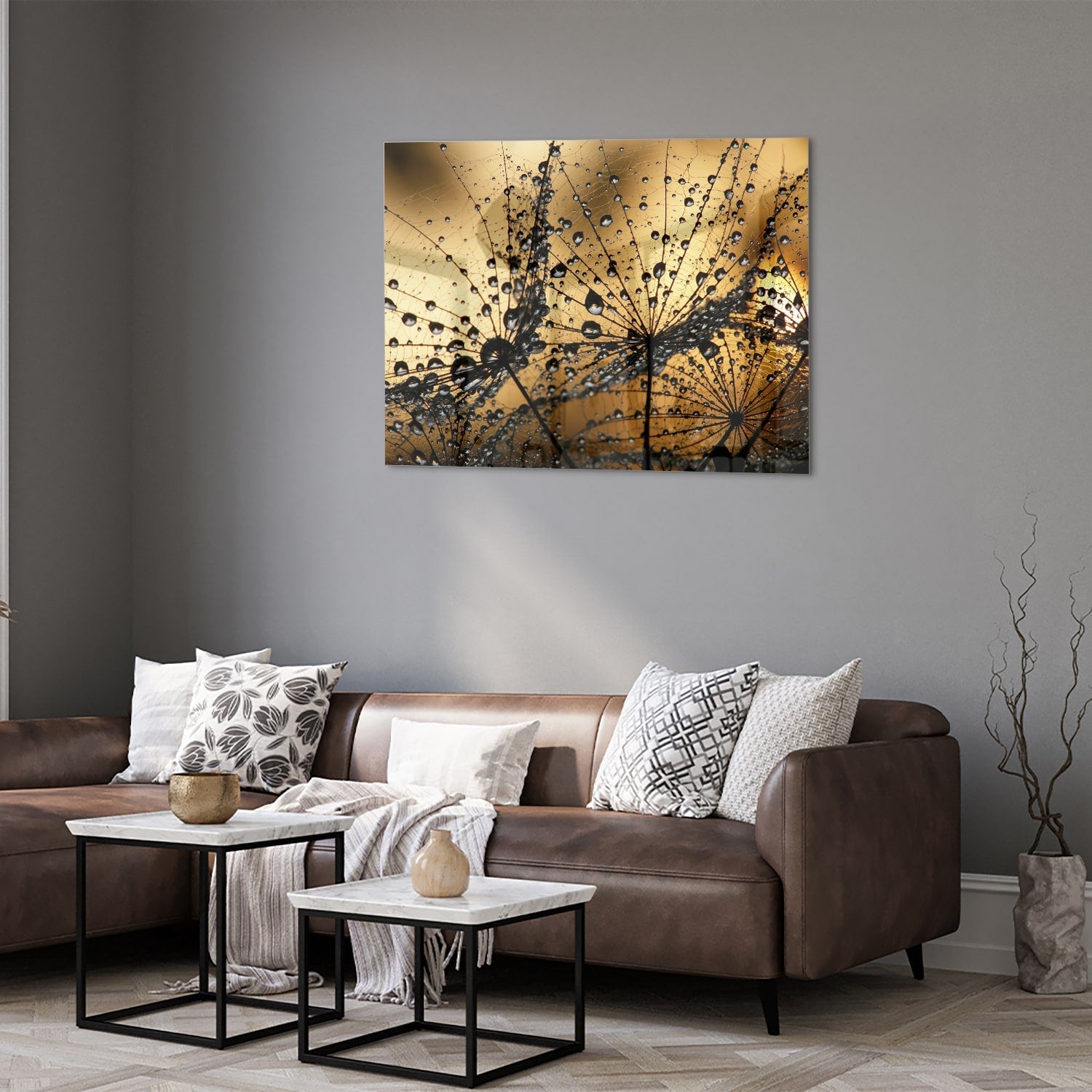 Glasbild mit goldenen Wassertropfen