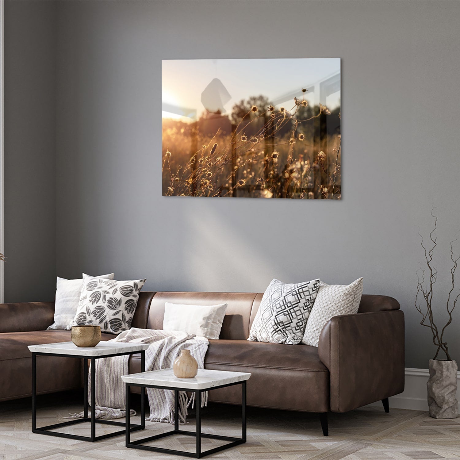 Zauberhaftes Glasbild mit goldenem Sonnenuntergang