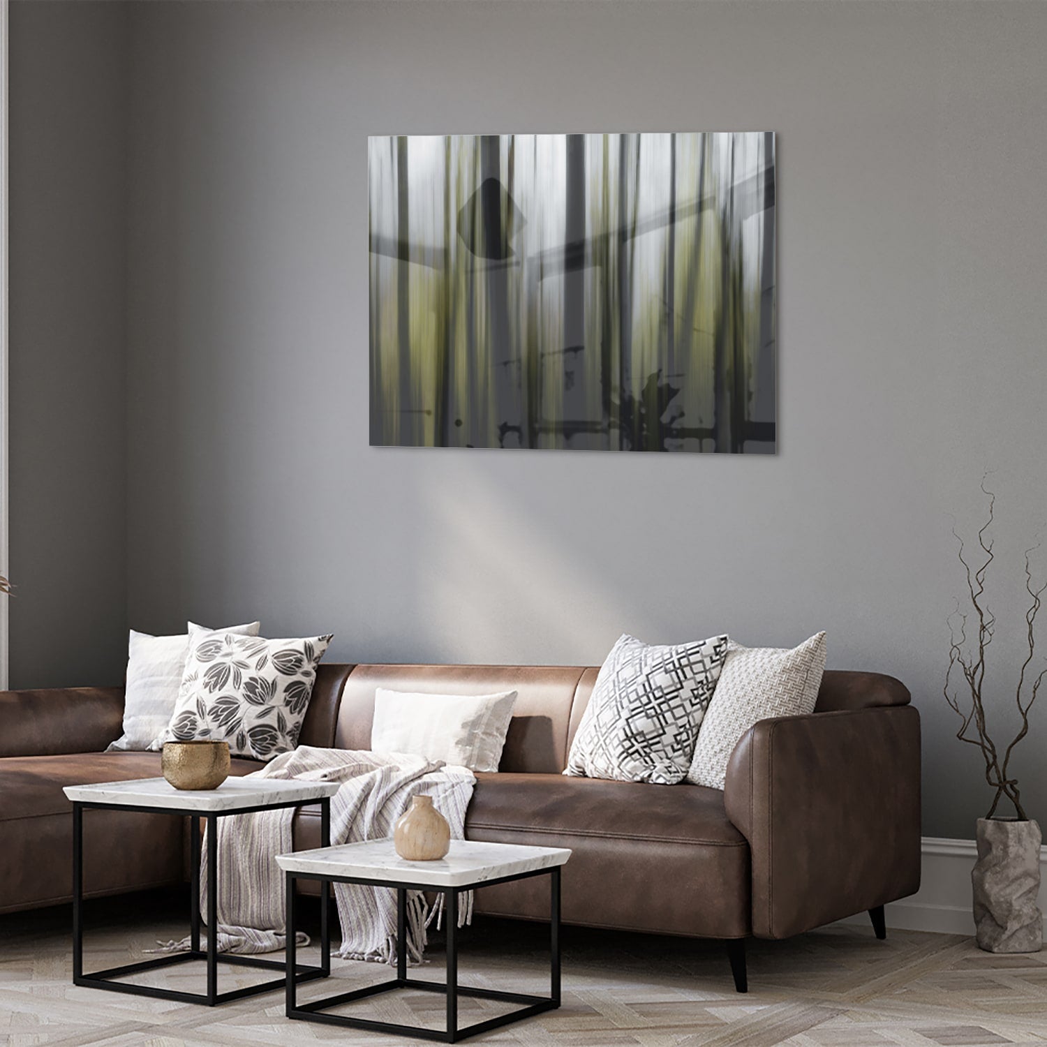 Glasbild mit grünem Bambus in einem modernen Wohnzimmer