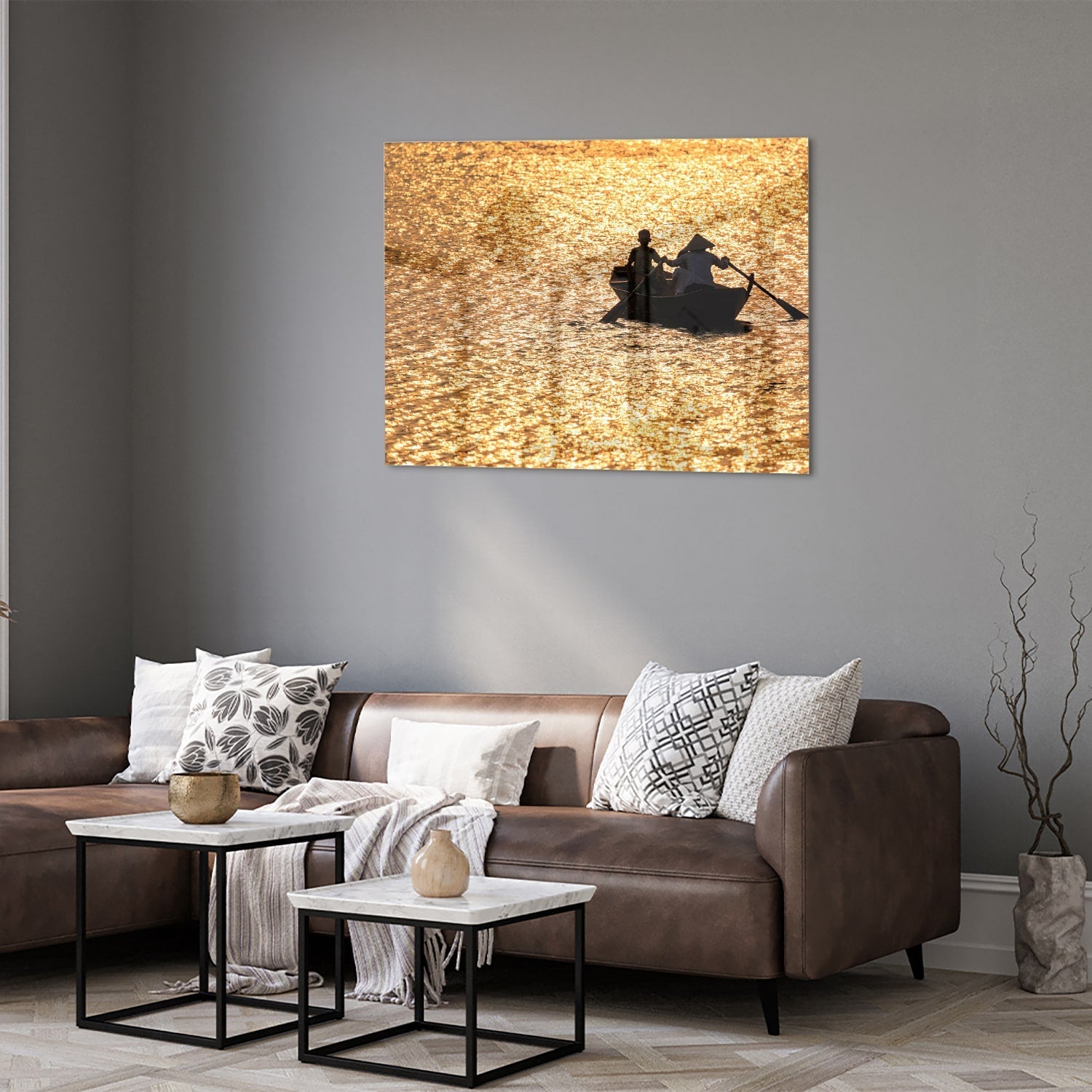 Glasbild mit Ruderboot auf goldenem Wasser