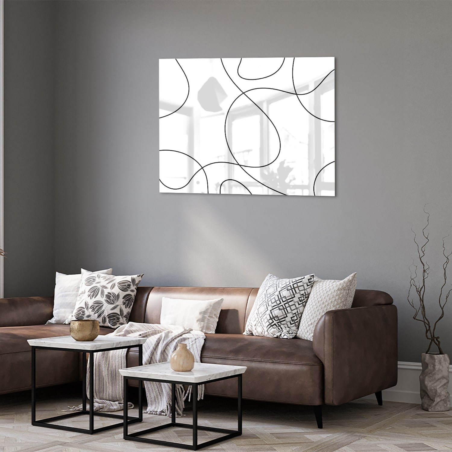 Modernes Glasbild mit schwarzen Linien