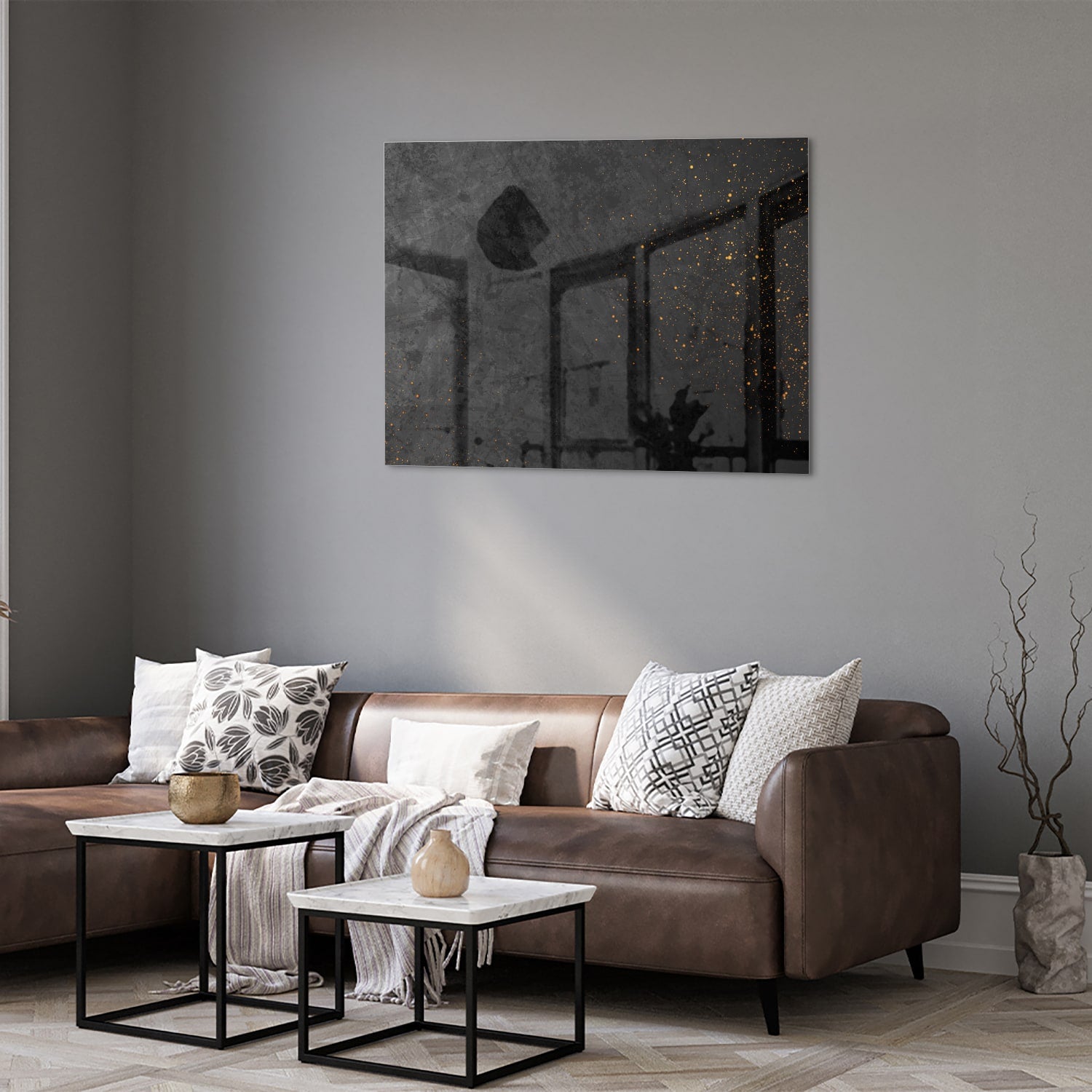 Modernes Glasbild mit dunklem Design und goldenen Akzenten