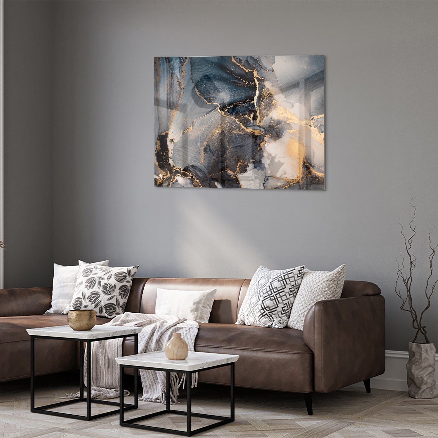 Elegantes Glasbild mit Blau und Gold