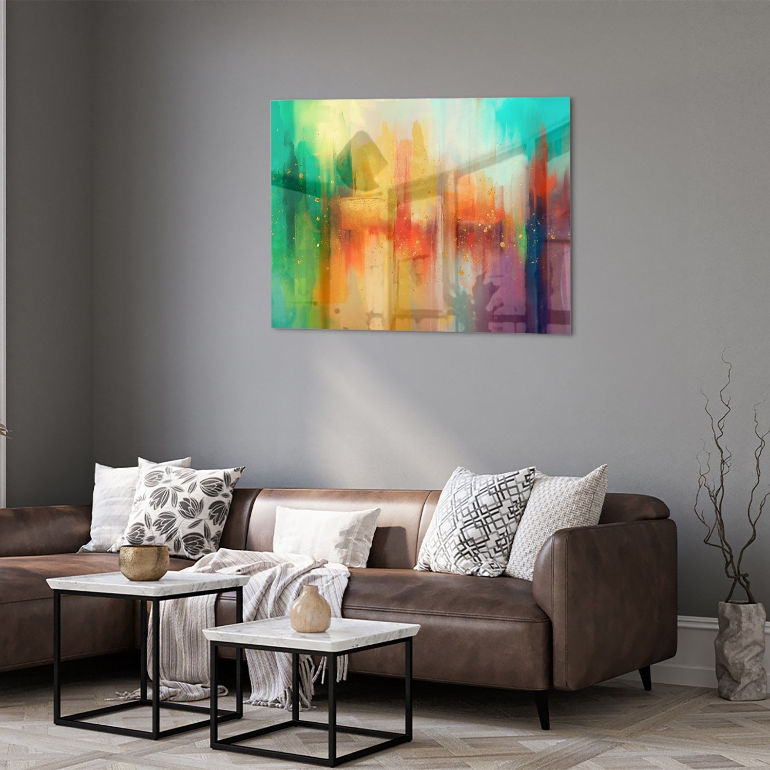 Farbenfrohes Glasbild mit abstrakten Formen