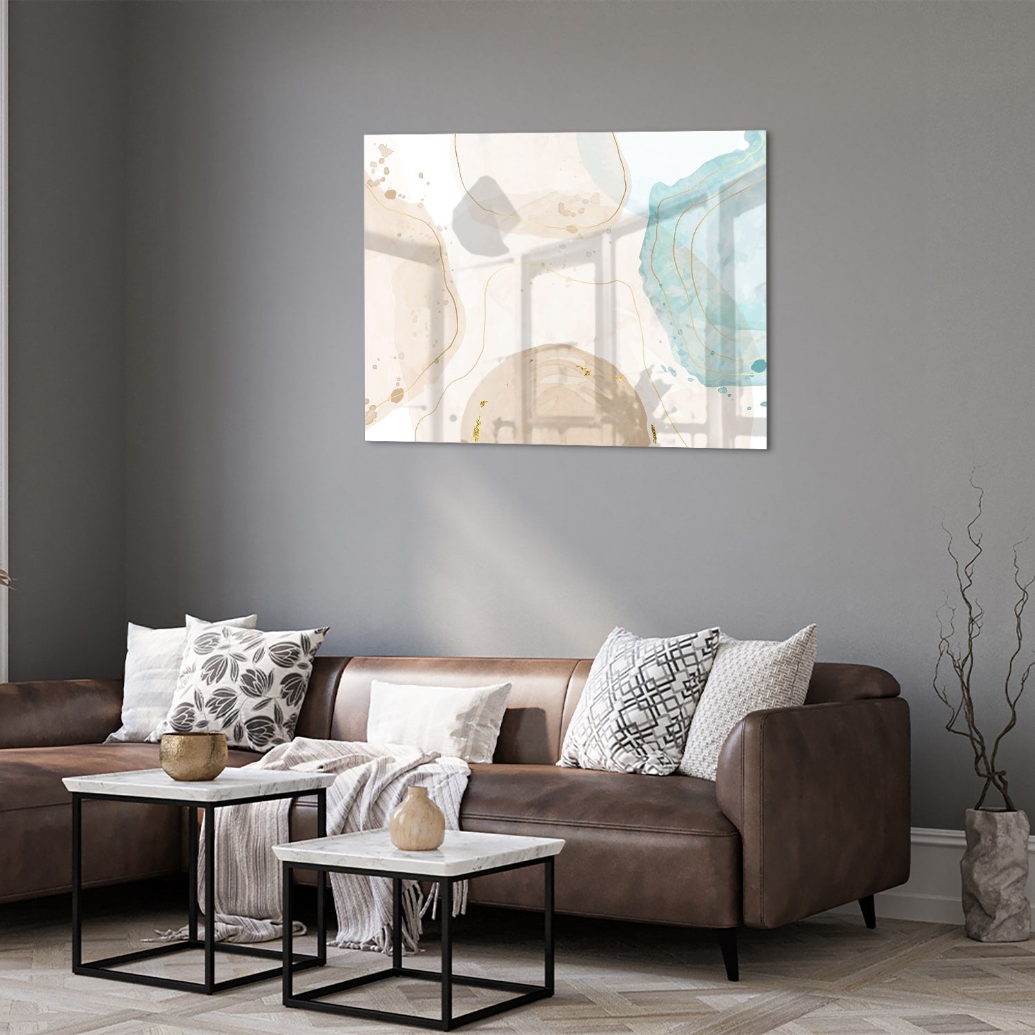 Elegantes Glasbild mit sanftem Aqua und goldenen Farbtönen
