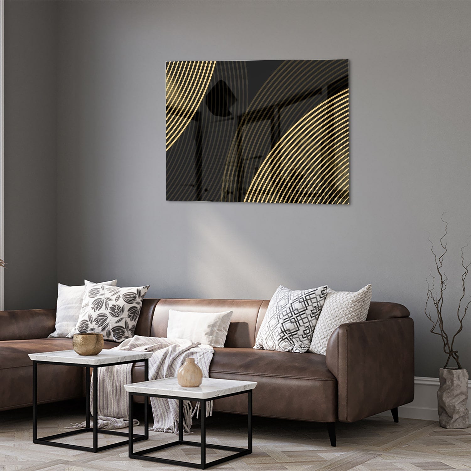 Geradliniges Glasbild mit goldenen Linien