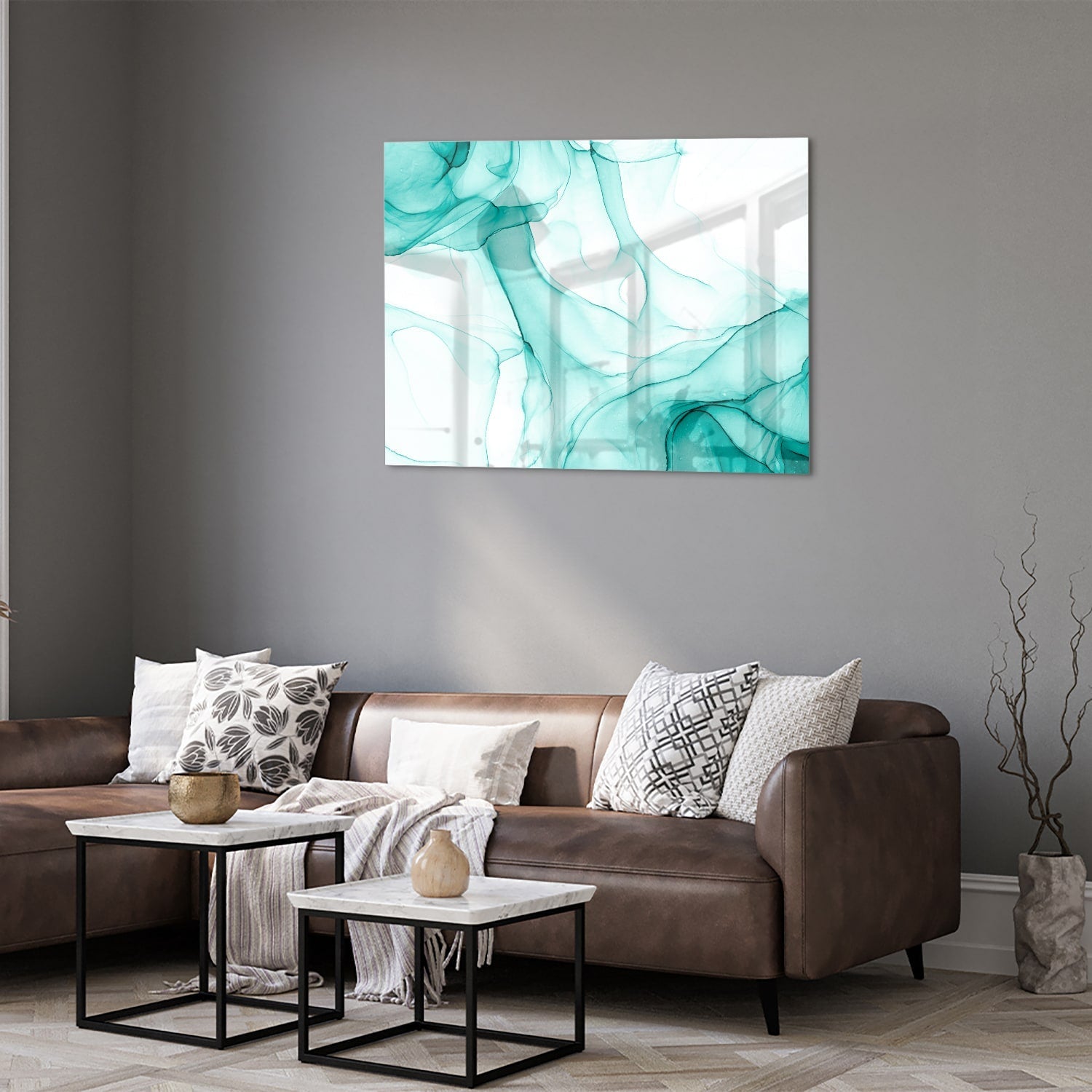 Hellblaues abstraktes Glasbild für elegante Innenräume