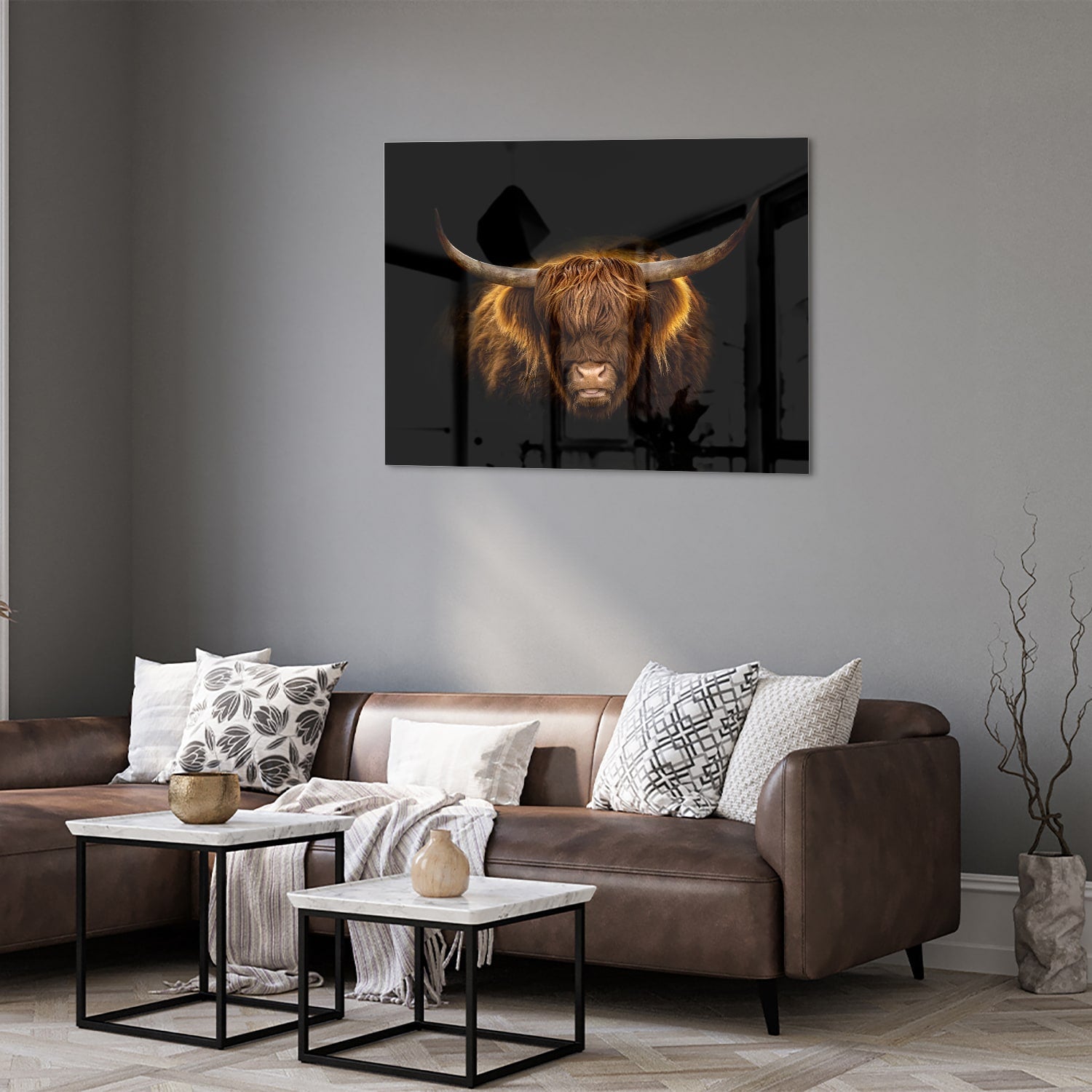 Beeindruckendes Glasbild mit Highland-Rind