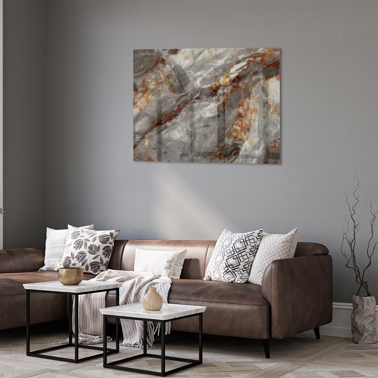 Glänzendes Glasbild mit Marmoroptik in Grau