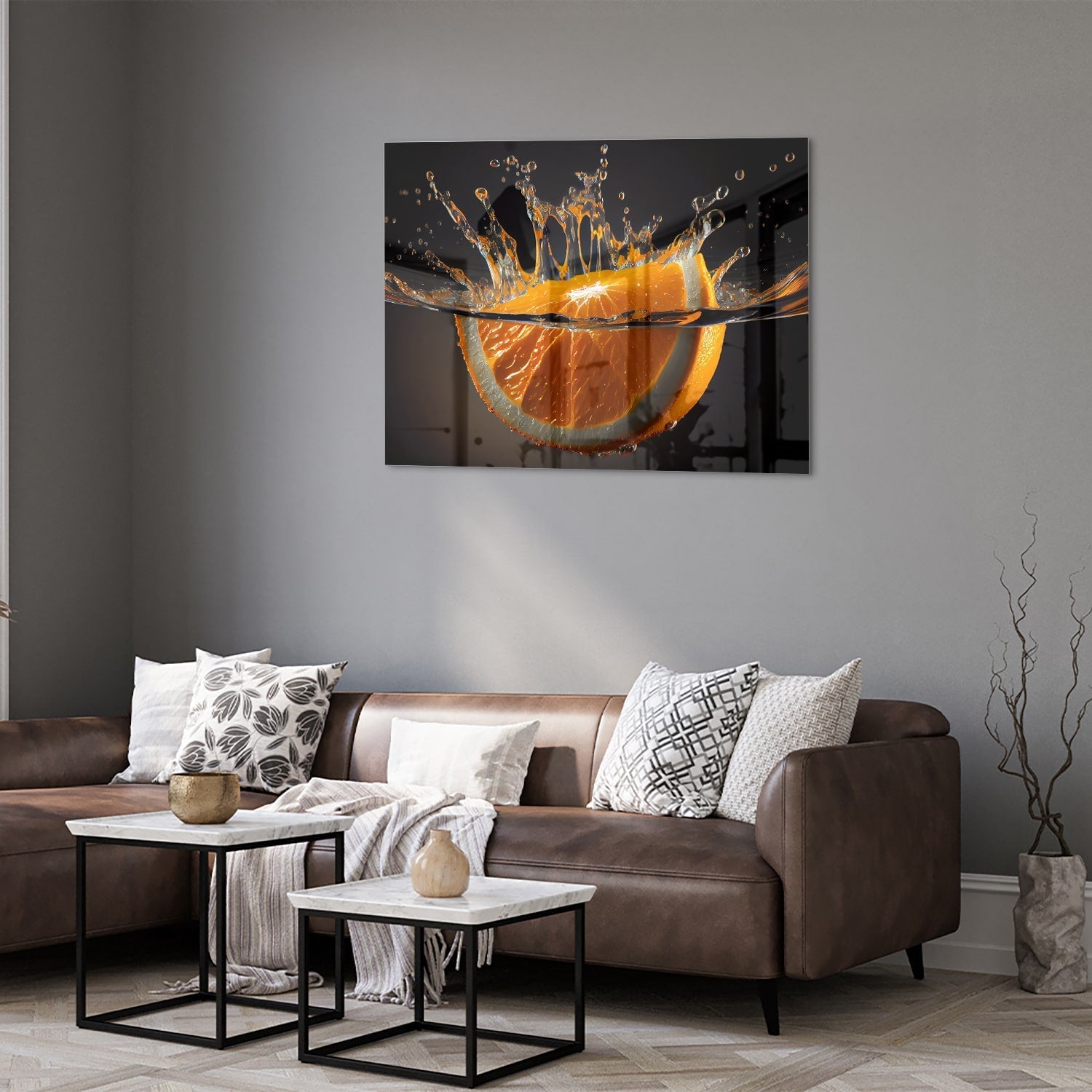 Spetterende Glasbild mit Orange als moderne Glas-Wanddekoration aus 4 mm Sicherheitsglas