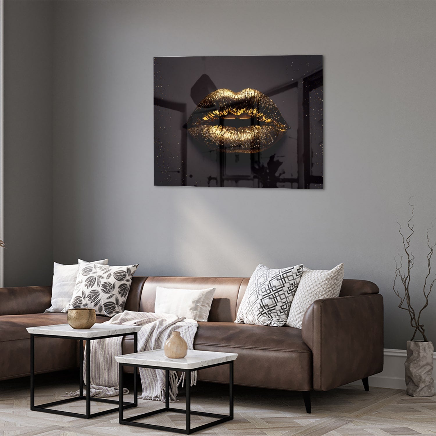 Glasbild mit goldenen Lippen für ein luxuriöses Interieur