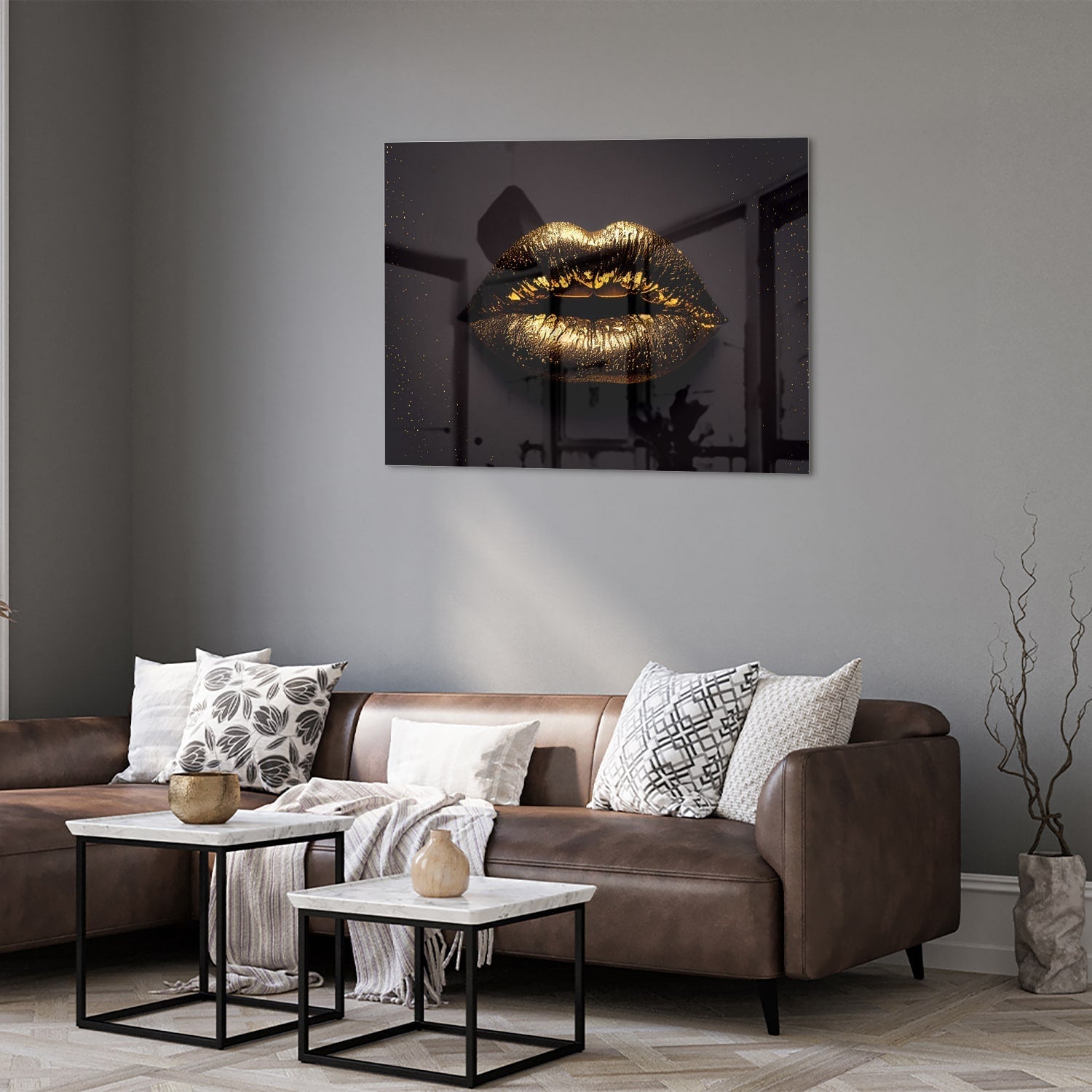 Goldenen Lippen Glasbild für ein Luxe Interieur als moderne Glas-Wanddekoration aus 4 mm Sicherheitsglas