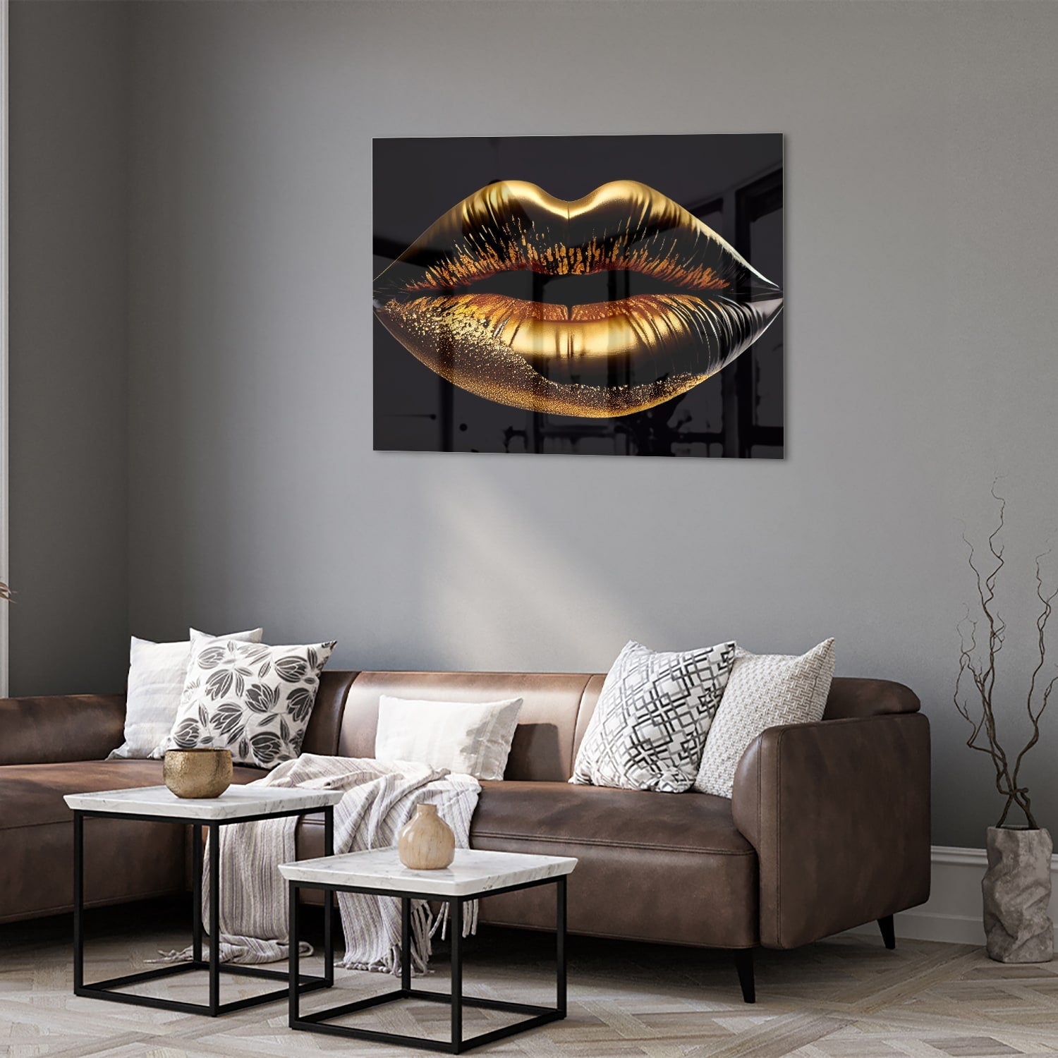 Glasbild mit goldenen Lippen – elegante Wanddekoration