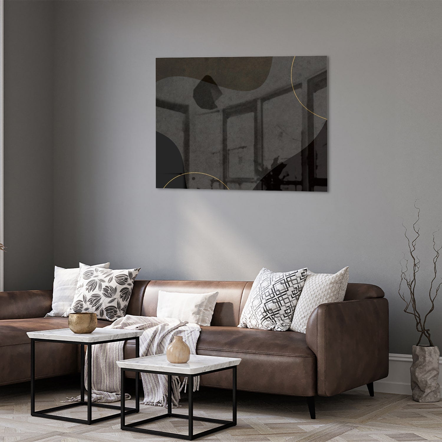 Modernes Glasbild mit abstrakten Formen in Schwarz