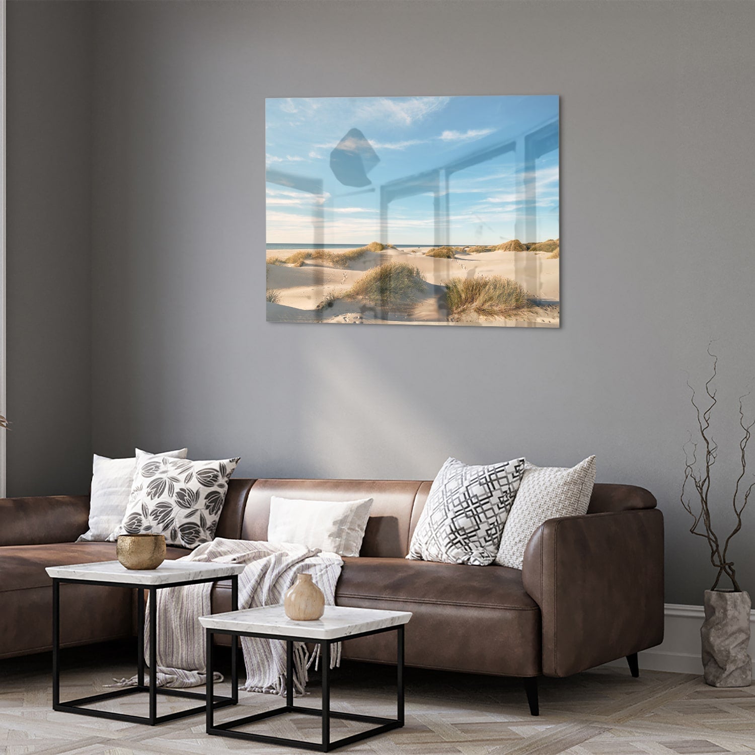 Glasbild mit Dünen und blauem Himmel
