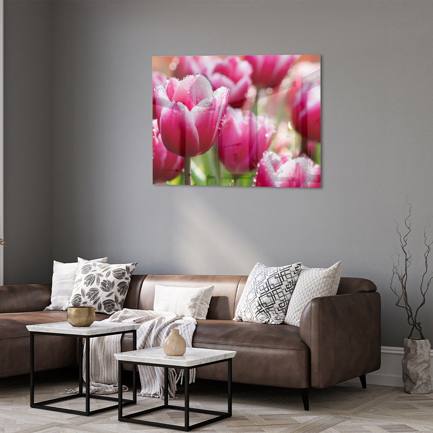 Glasbild mit bezaubernden rosa Tulpen
