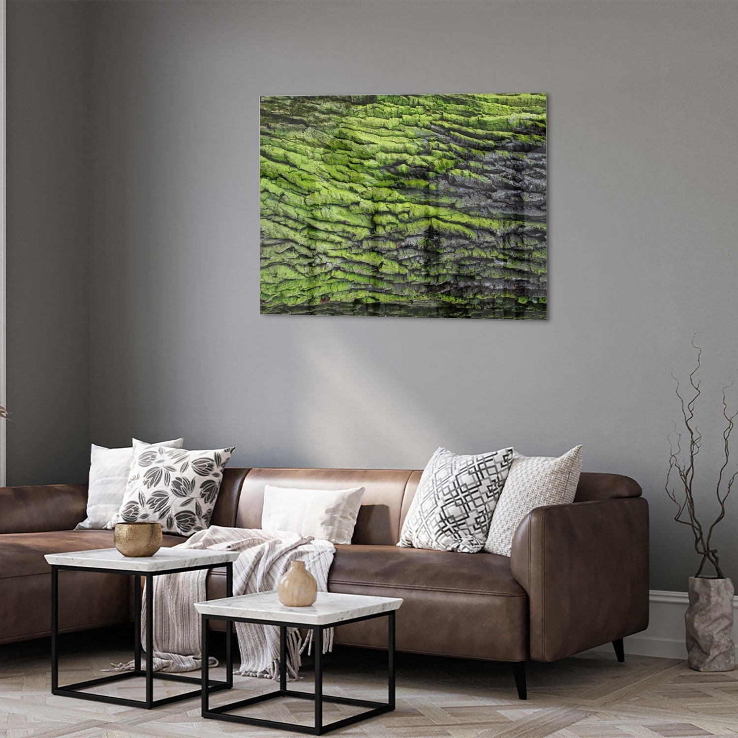 Glasbild mit moosartiger Textur