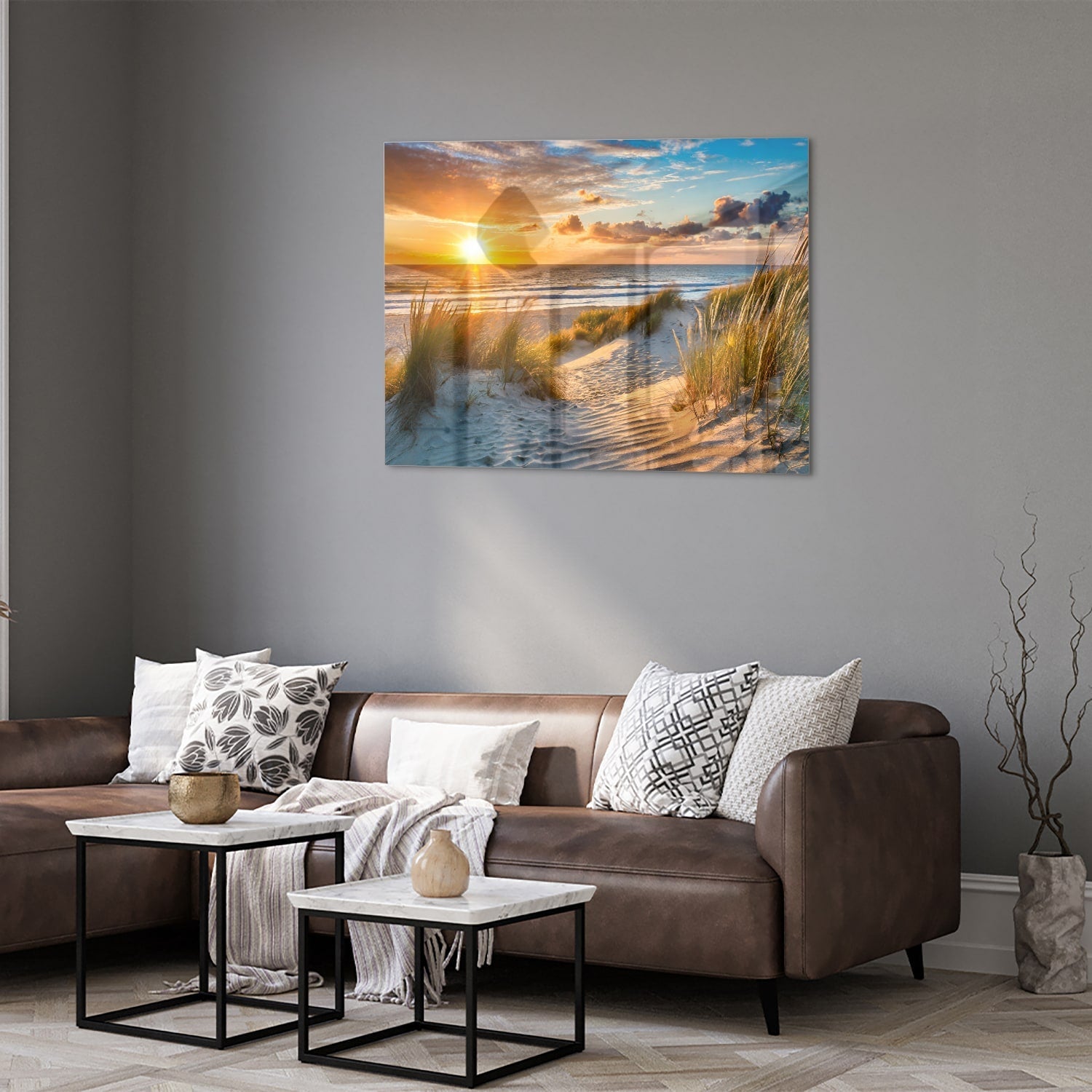 Glasbild – Sonnenuntergang am Strand