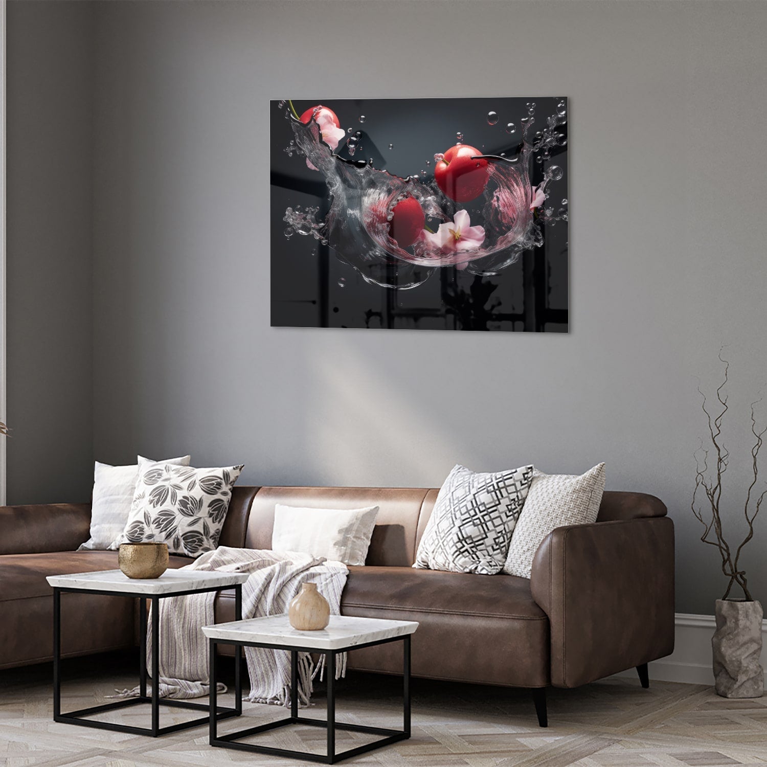 Glasbild mit rosa Blumen und Wassertropfen