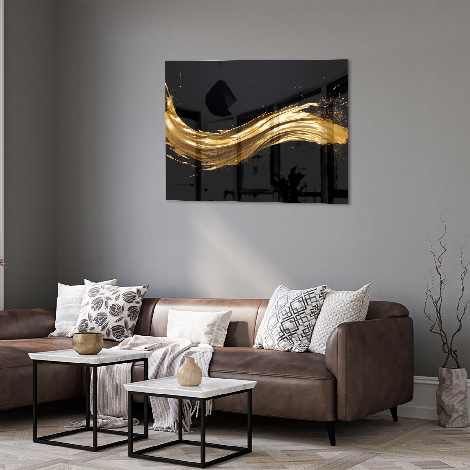 Glasbild mit goldenem Glanz auf schwarzem Hintergrund