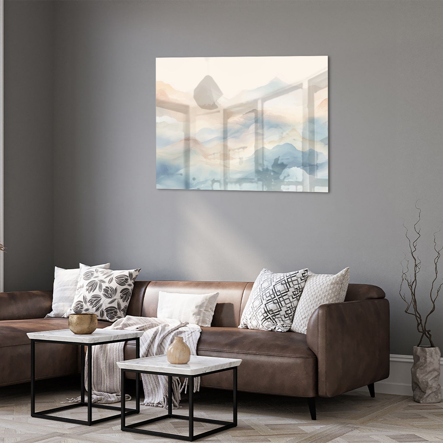Glasbild mit träumerischer Berglandschaft