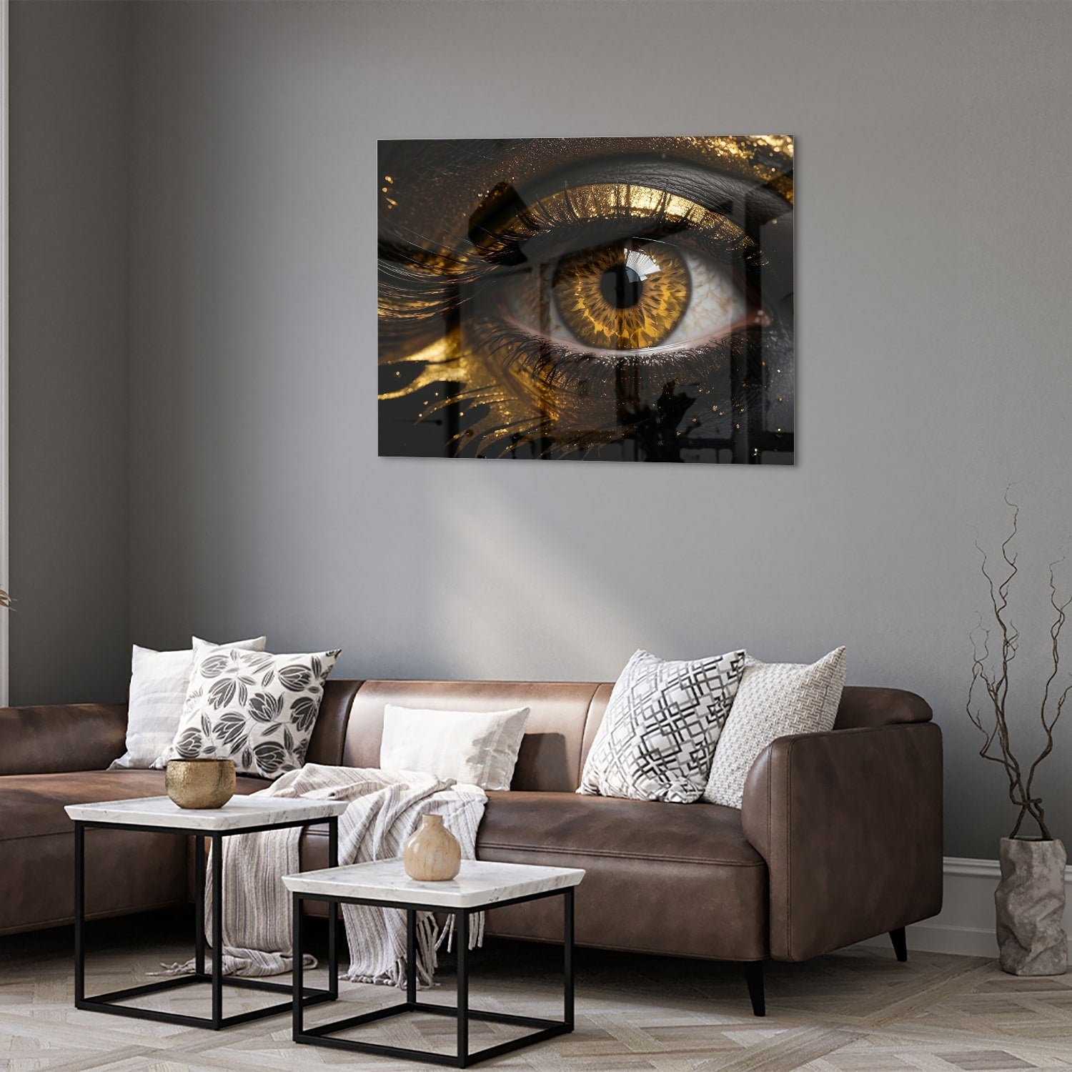 Glasbild Augen-Kunstwerk in Gold und Schwarz